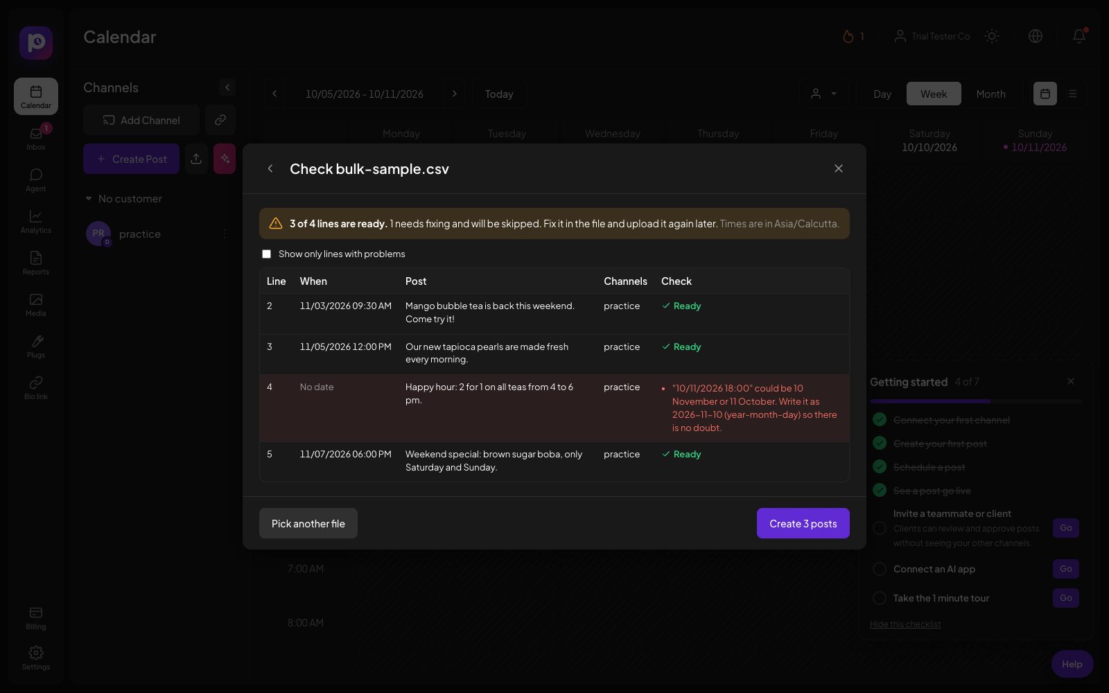 The Postozo bulk upload check with good lines and 1 line that needs a fix