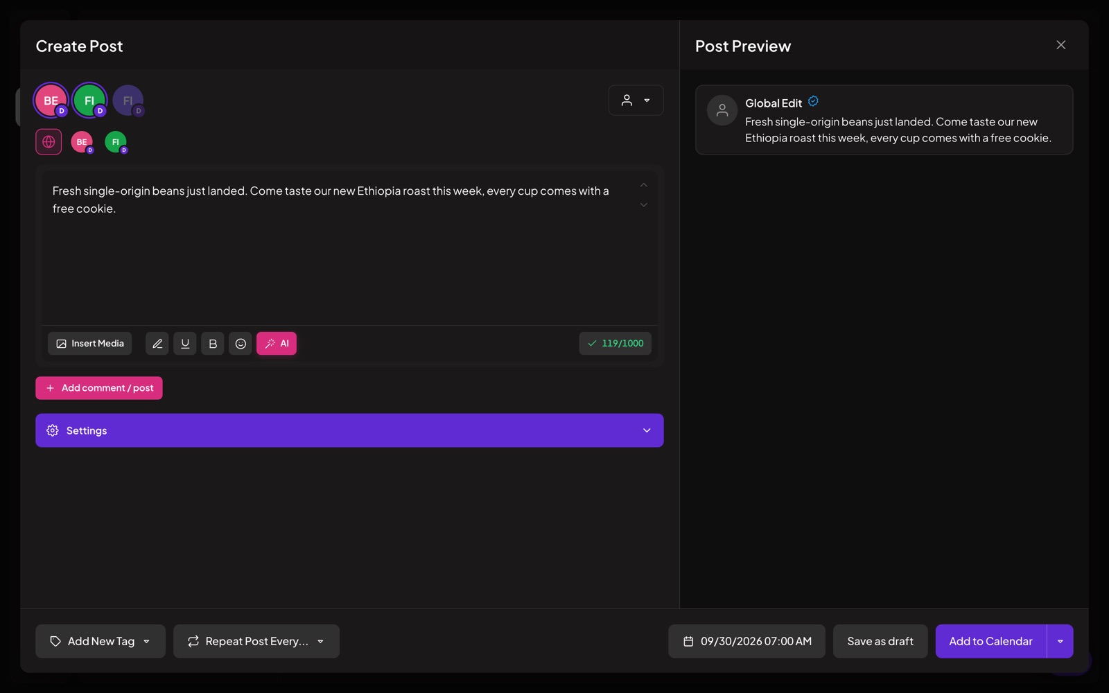 The Postozo post editor with 2 client channels selected and a live preview