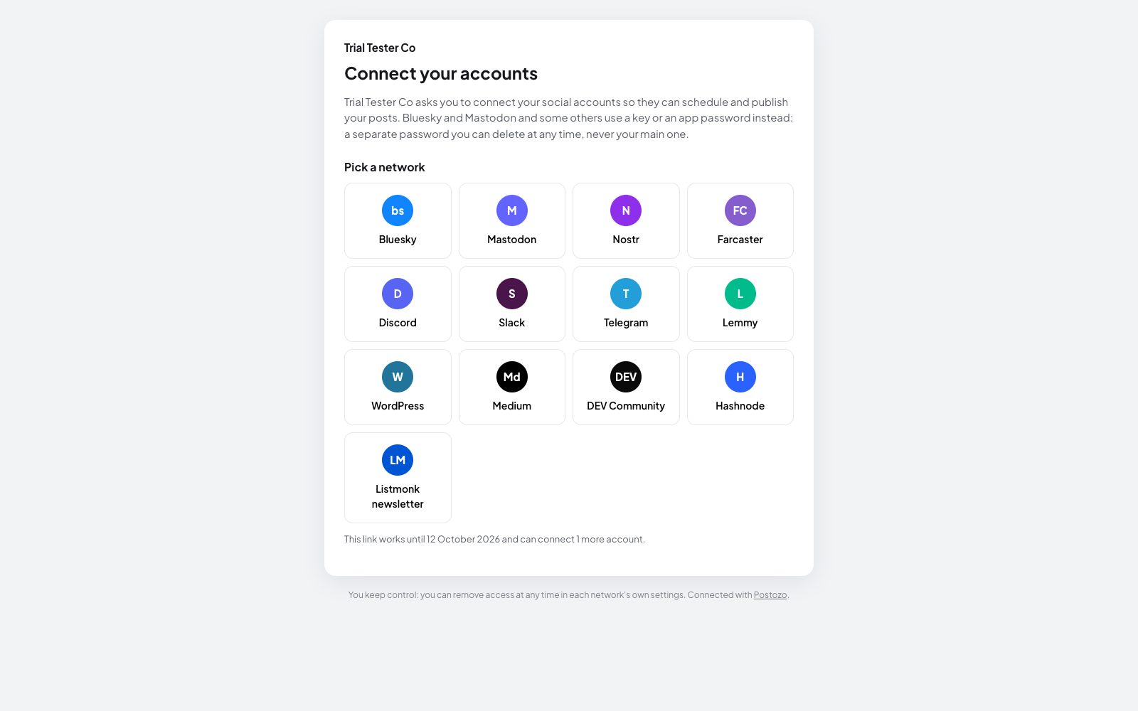 The page a client sees when they open a Postozo connect link
