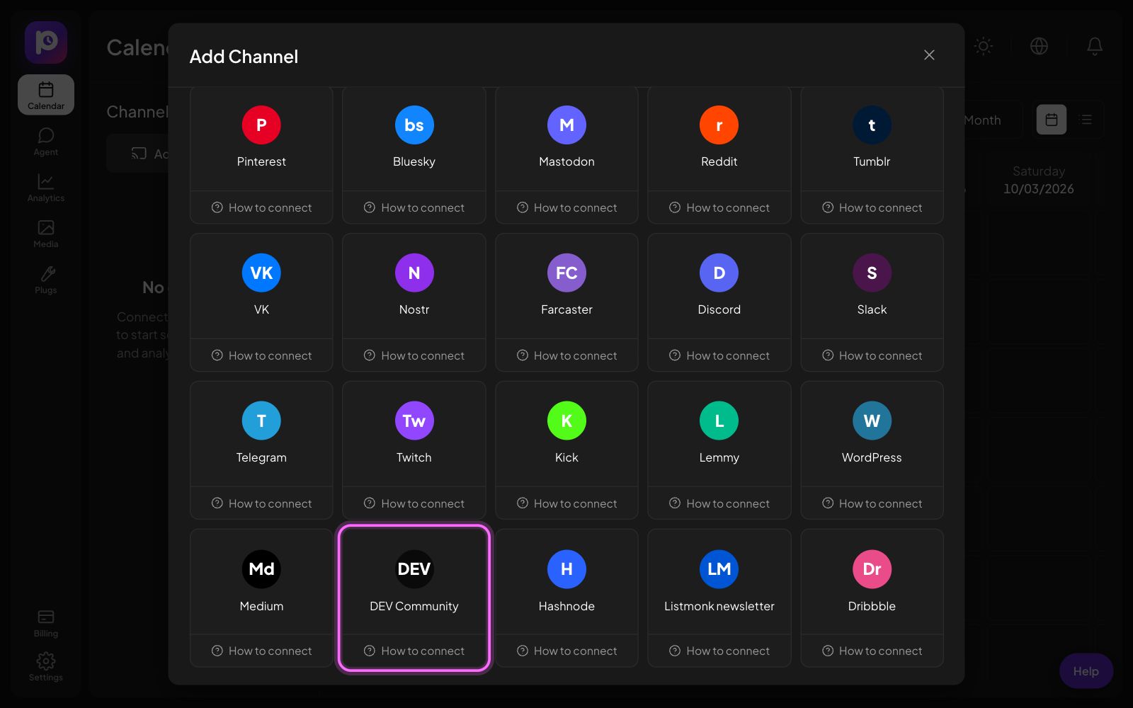 The Postozo Add Channel window with the DEV Community tile marked