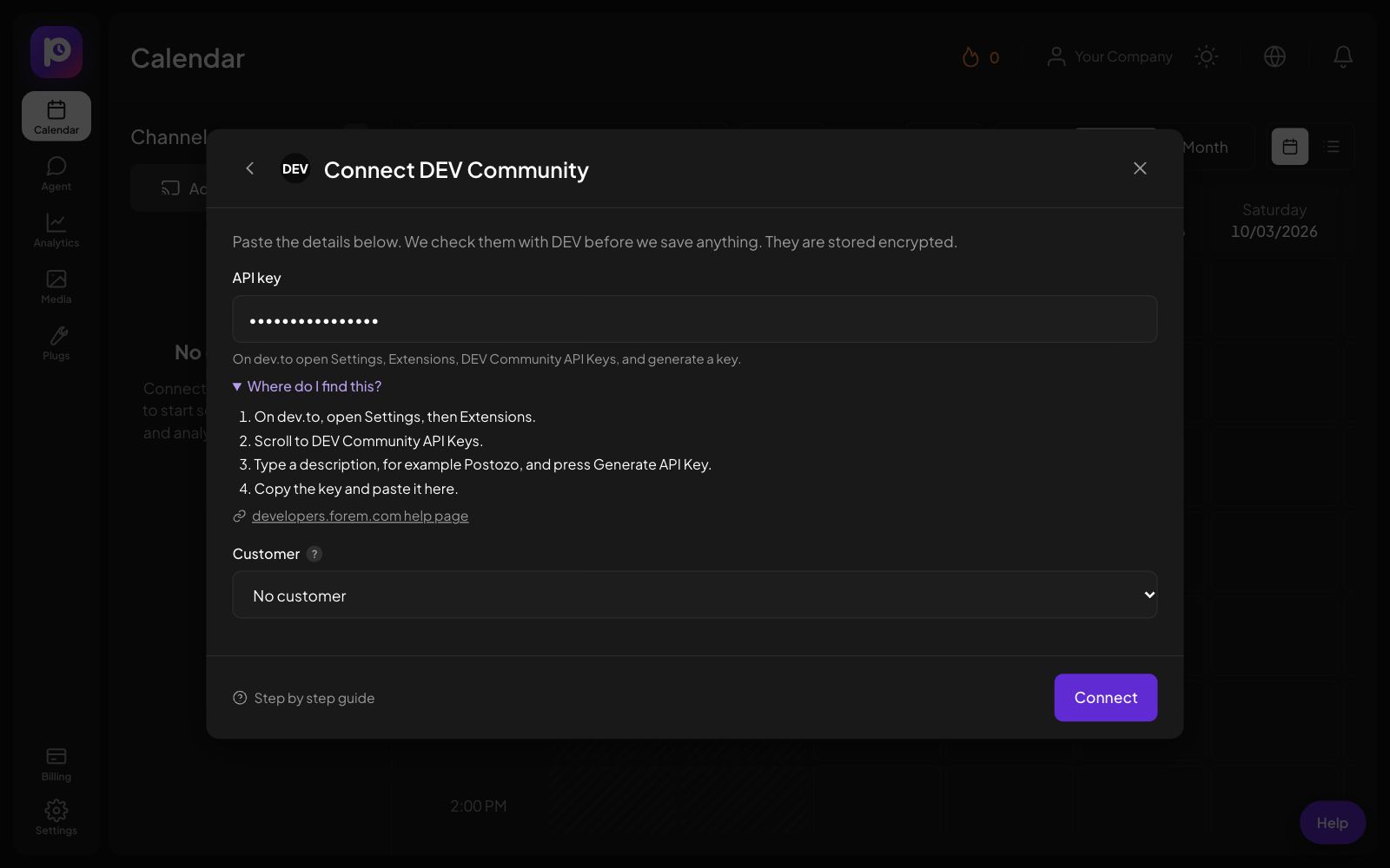 The Connect DEV form in Postozo with the help steps open