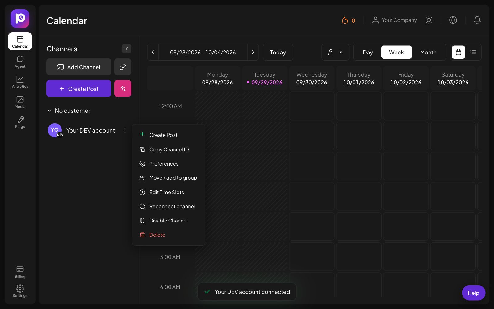 The channel menu for a DEV channel in Postozo