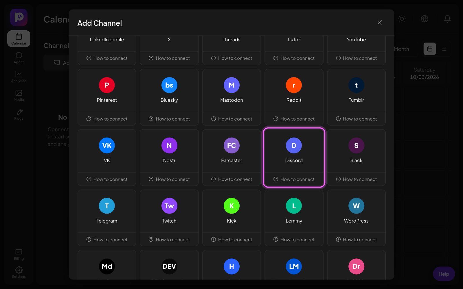 The Postozo Add Channel window with the Discord tile marked