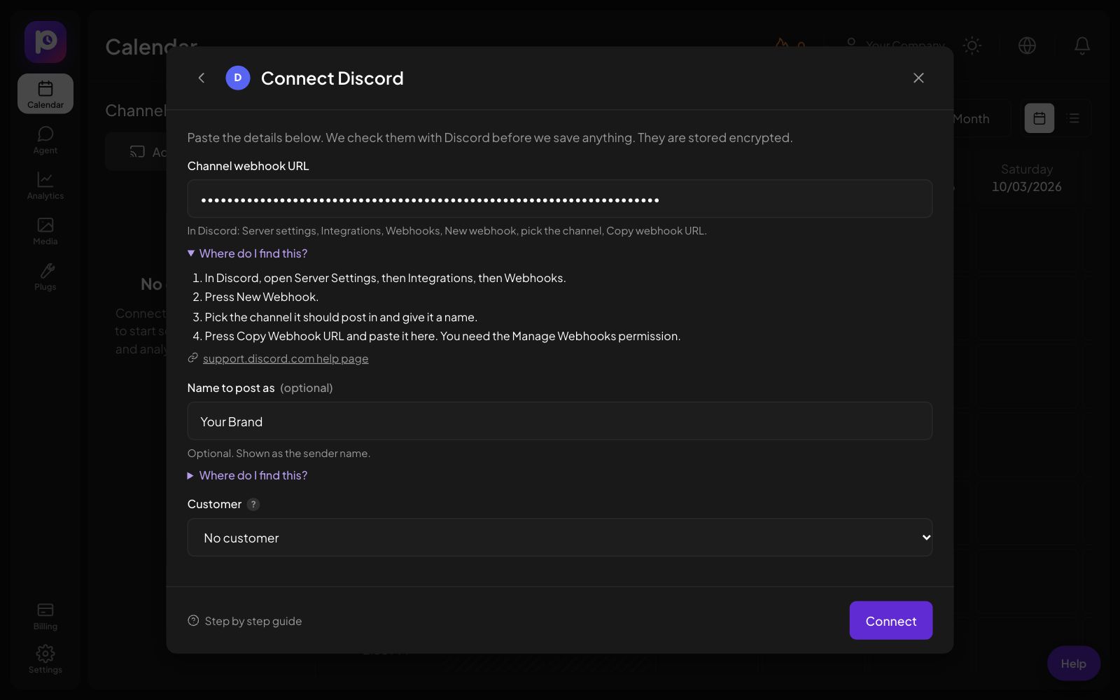 The Connect Discord form in Postozo with the help steps open