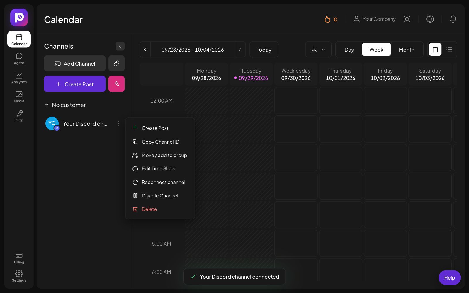 The channel menu for a Discord channel in Postozo