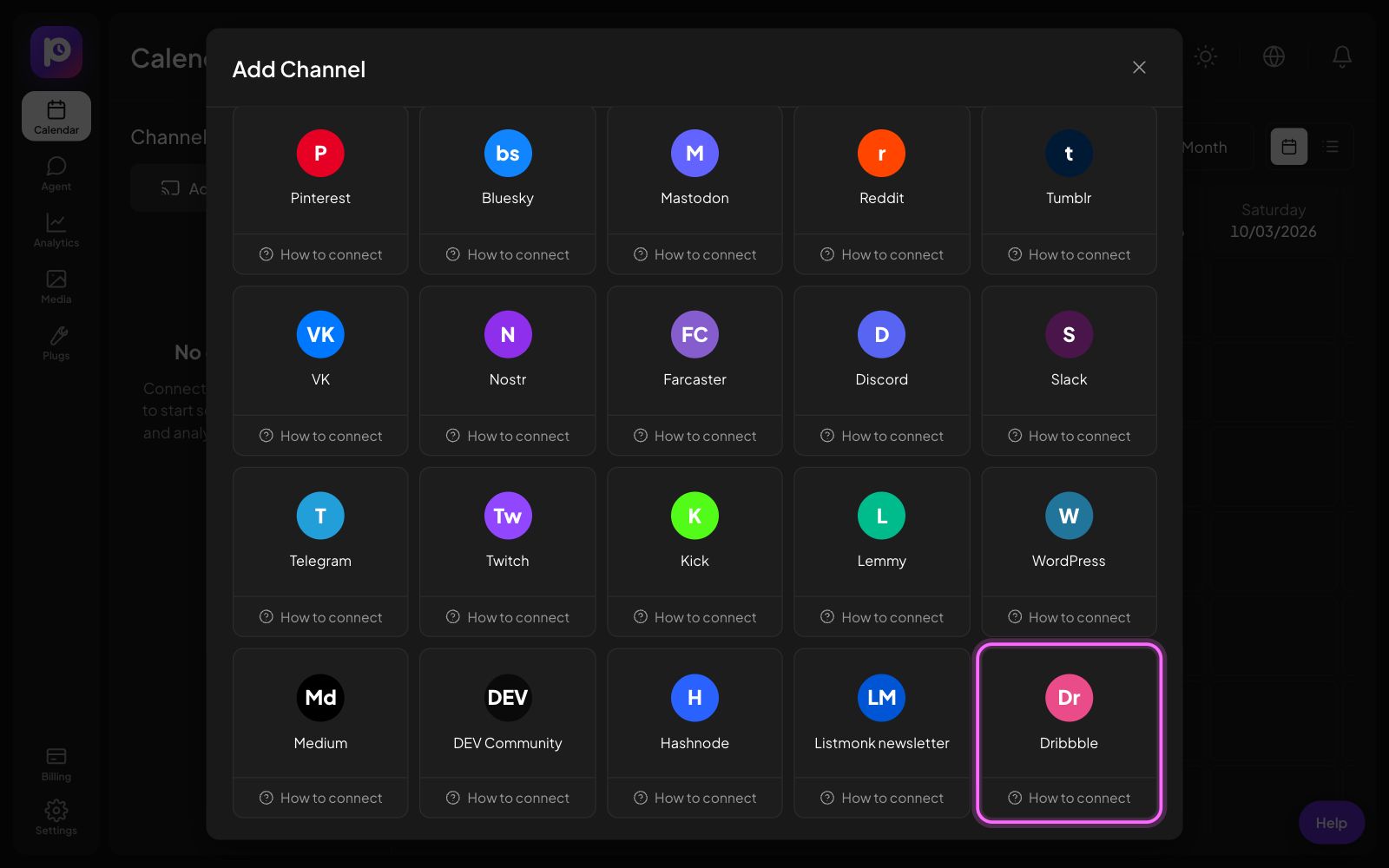 The Postozo Add Channel window with the Dribbble tile marked