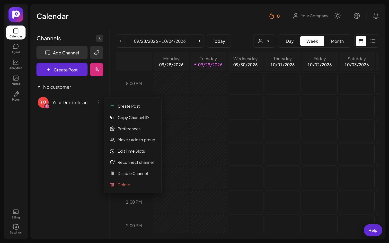 The channel menu for a Dribbble channel in Postozo