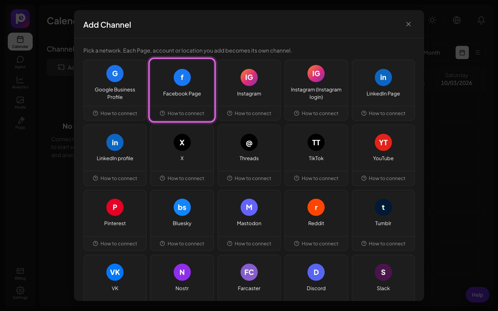 The Postozo Add Channel window with the Facebook Page tile marked