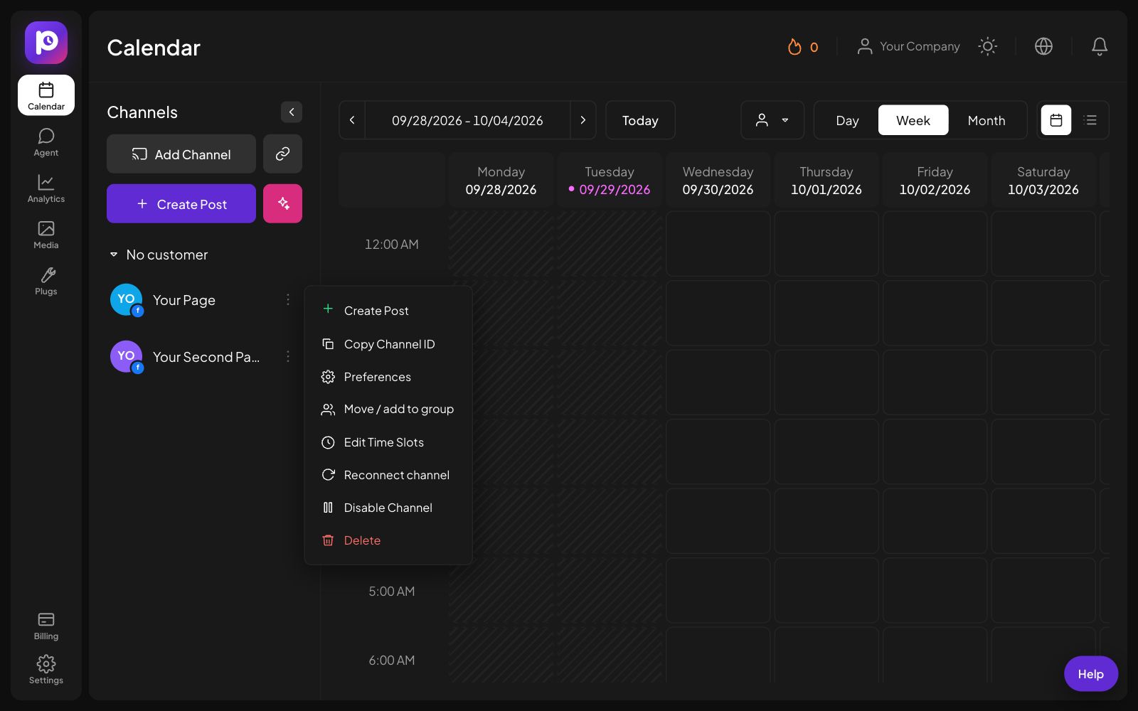 The channel menu for a Facebook channel in Postozo