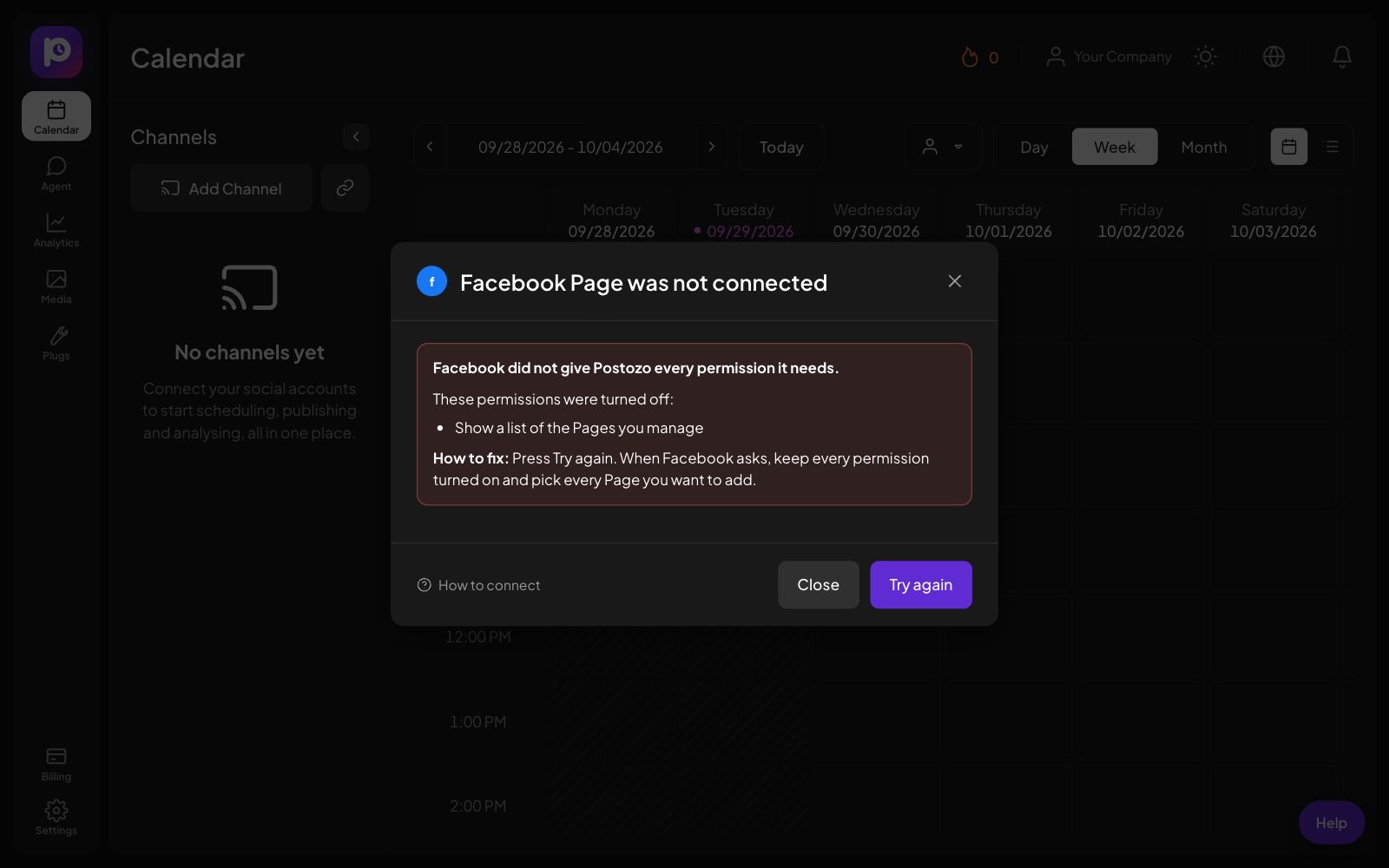The message shown when a Facebook permission was turned off, with a Try again button