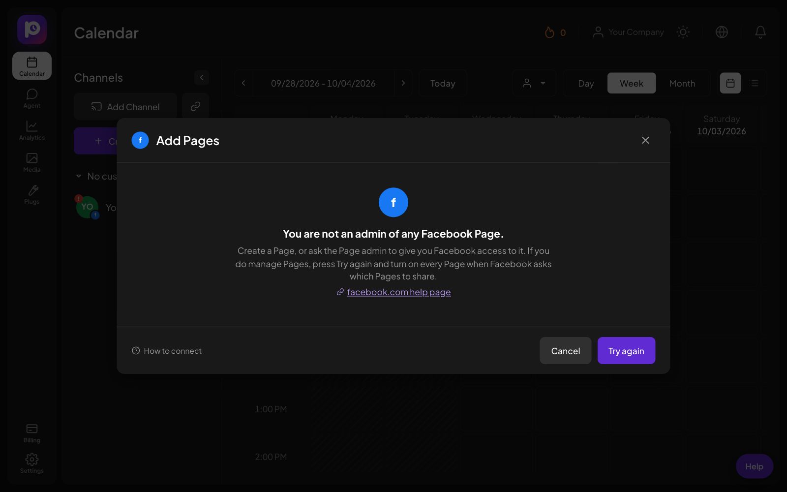 The message shown when the Facebook account manages no Pages