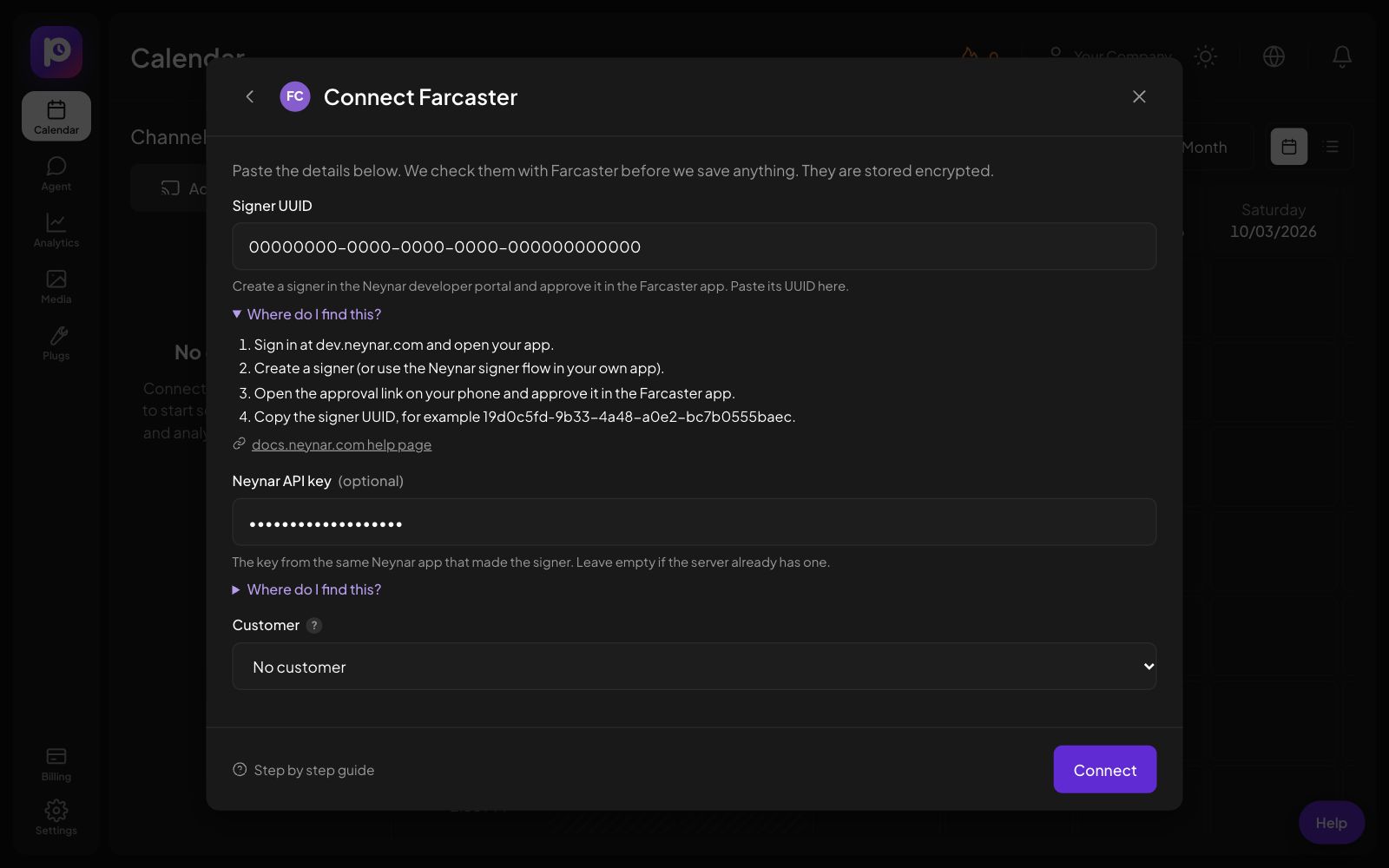 The Connect Farcaster form in Postozo with the help steps open