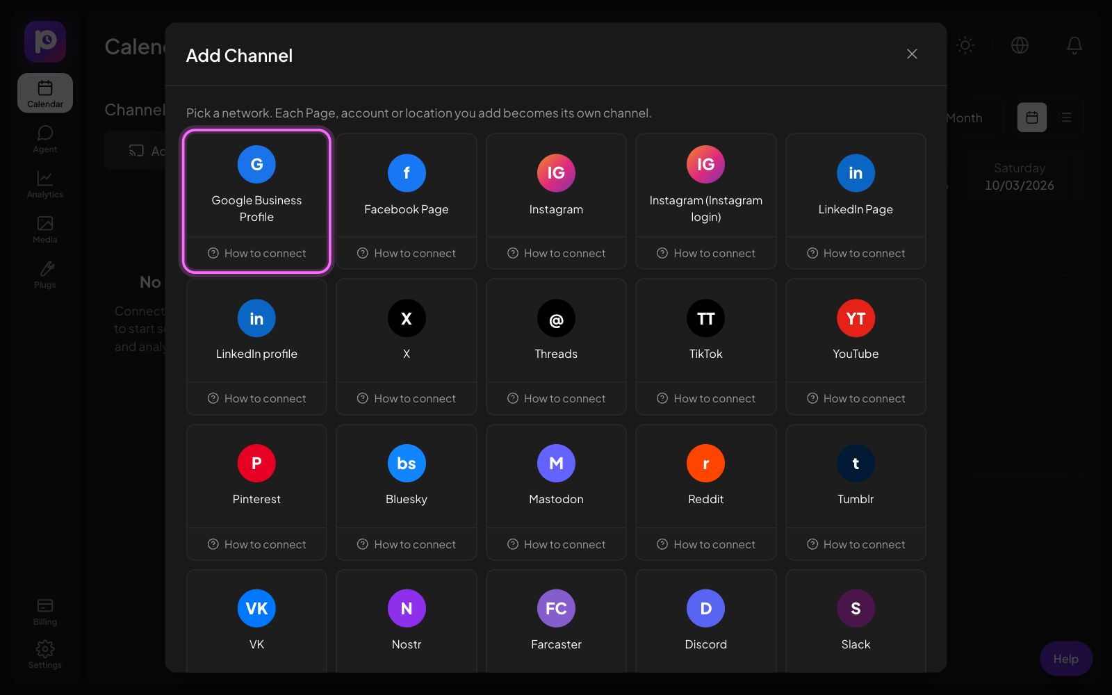 The Postozo Add Channel window with the Google Business Profile tile marked