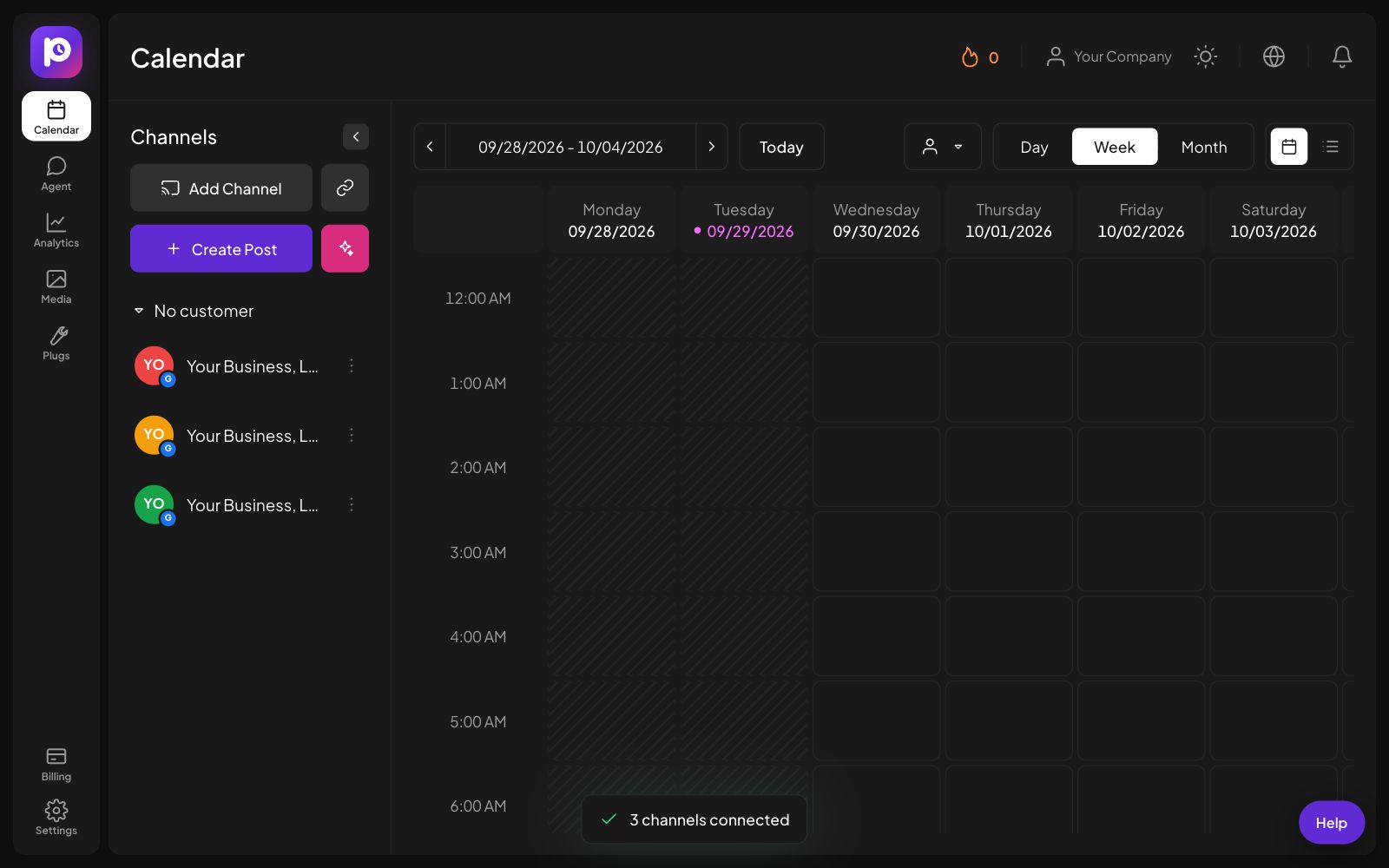 The Postozo Calendar with the new Google Business Profile channel in the channel list