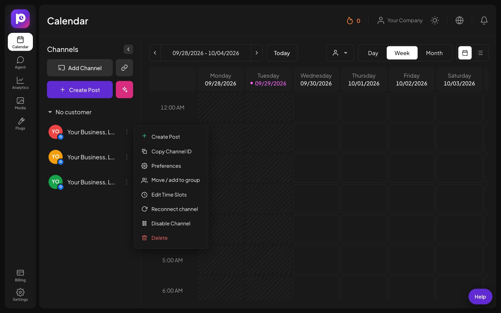 The channel menu for a Google Business Profile channel in Postozo