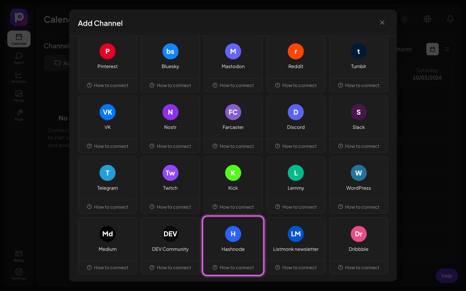 The Postozo Add Channel window with the Hashnode tile marked