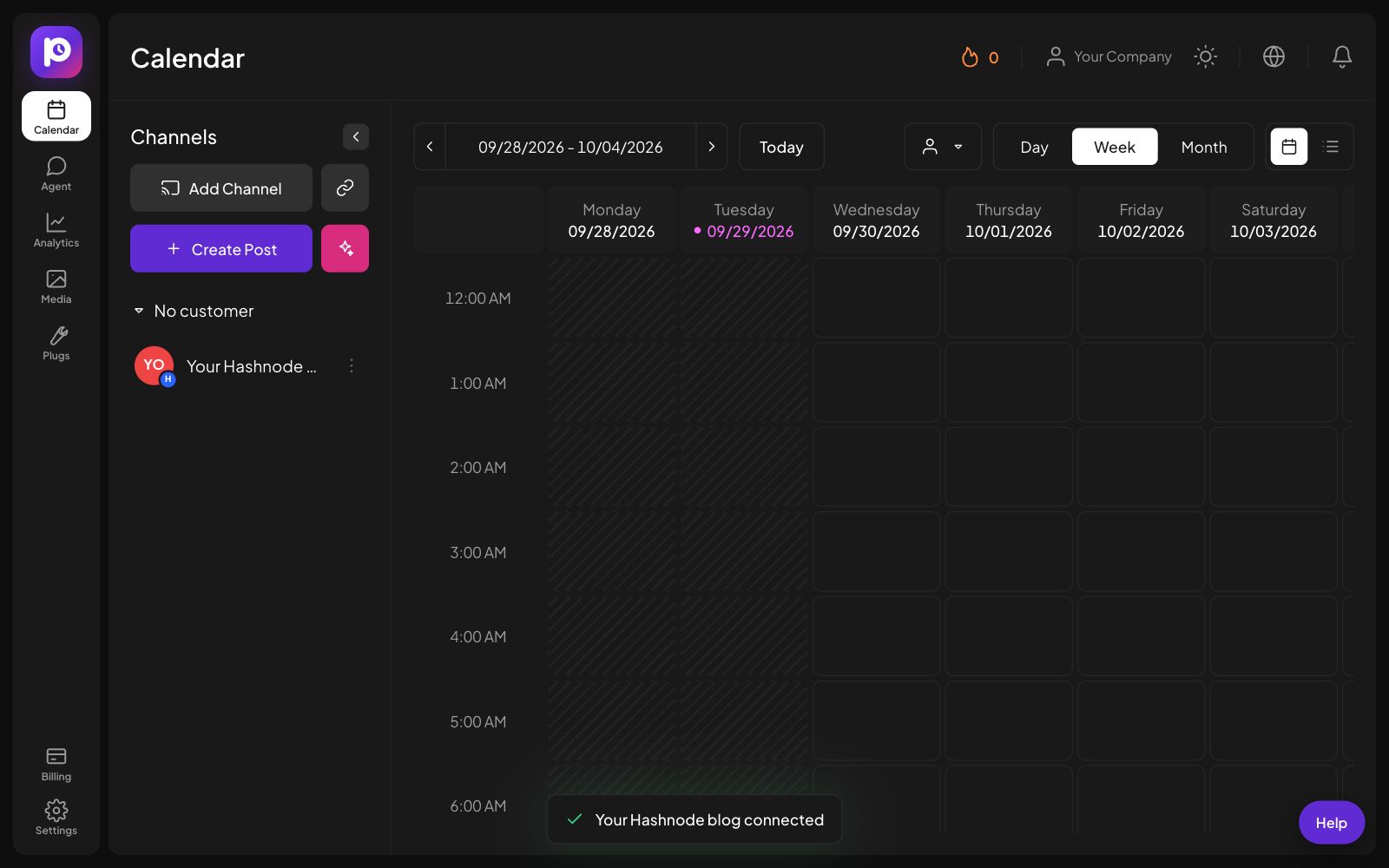 The Postozo Calendar with the new Hashnode channel in the channel list