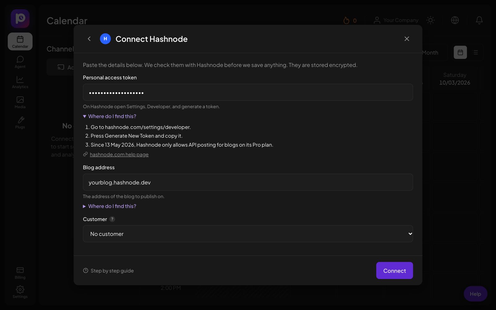 The Connect Hashnode form in Postozo with the help steps open