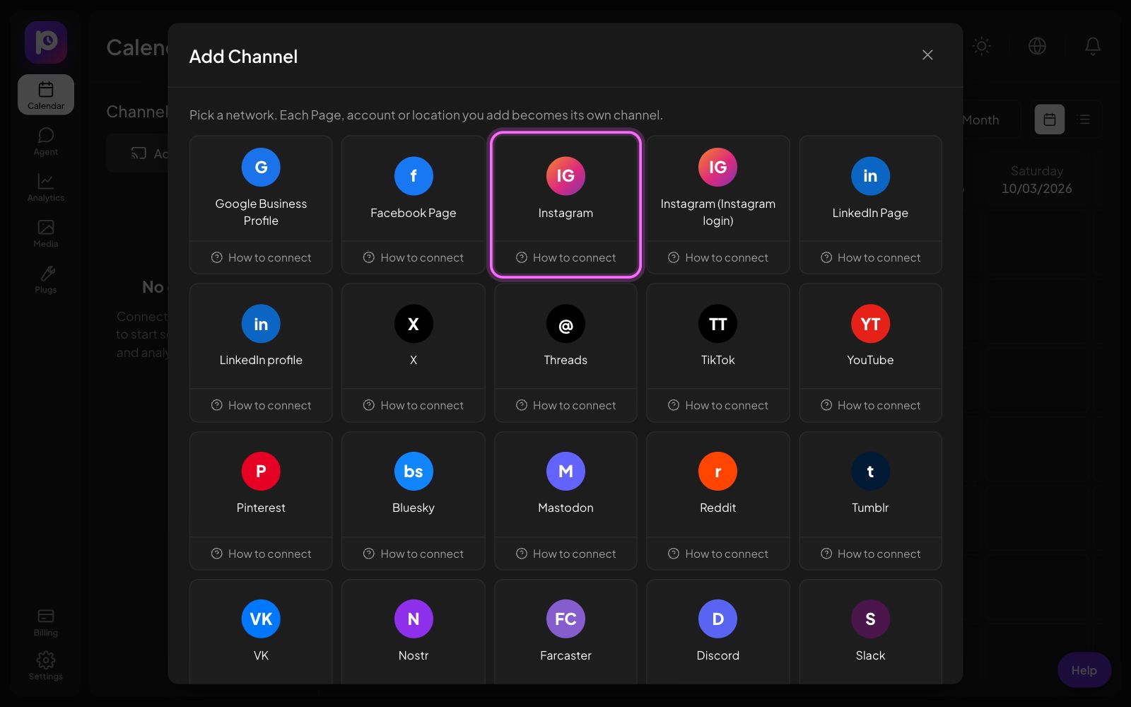 The Postozo Add Channel window with the Instagram tile marked