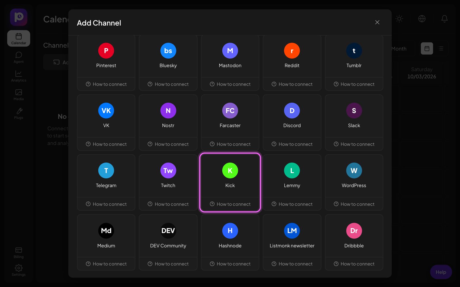 The Postozo Add Channel window with the Kick tile marked