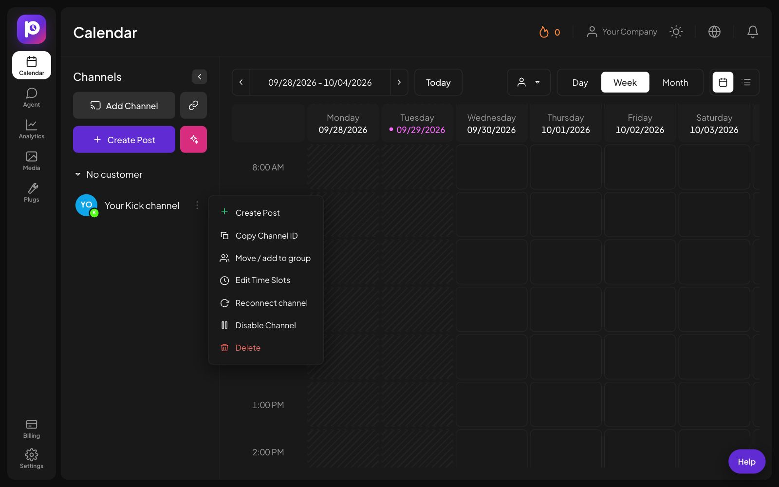 The channel menu for a Kick channel in Postozo