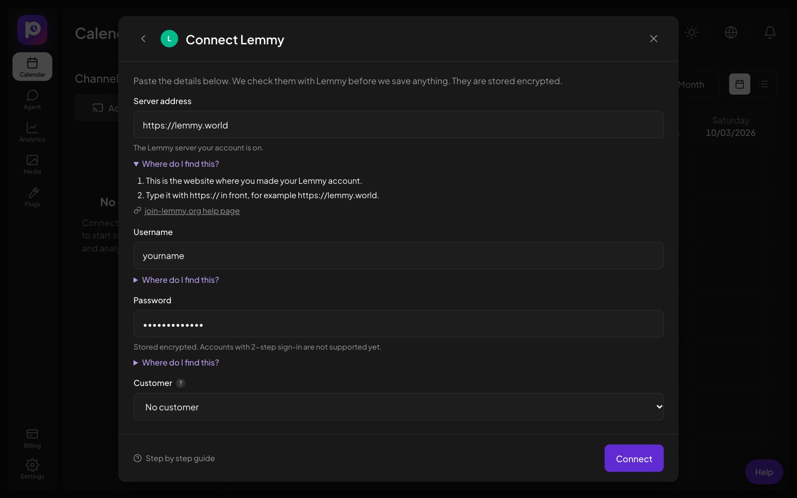 The Connect Lemmy form in Postozo with the help steps open