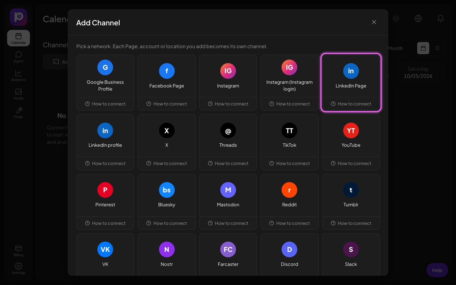 The Postozo Add Channel window with the LinkedIn Page tile marked