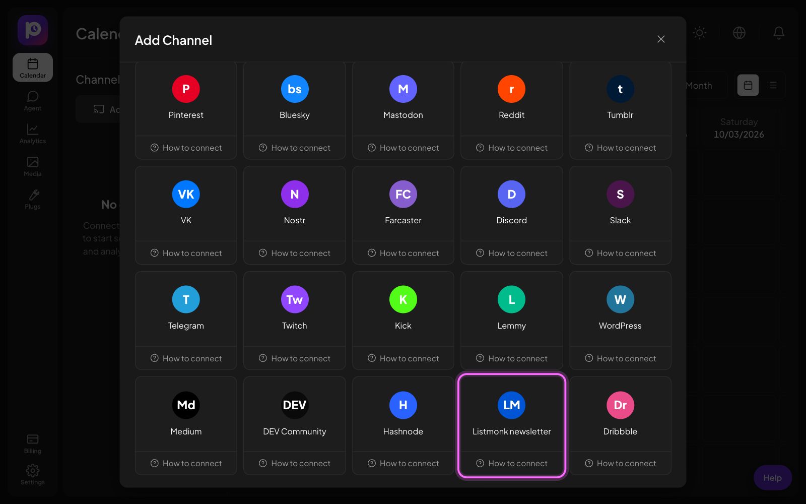 The Postozo Add Channel window with the Listmonk newsletter tile marked