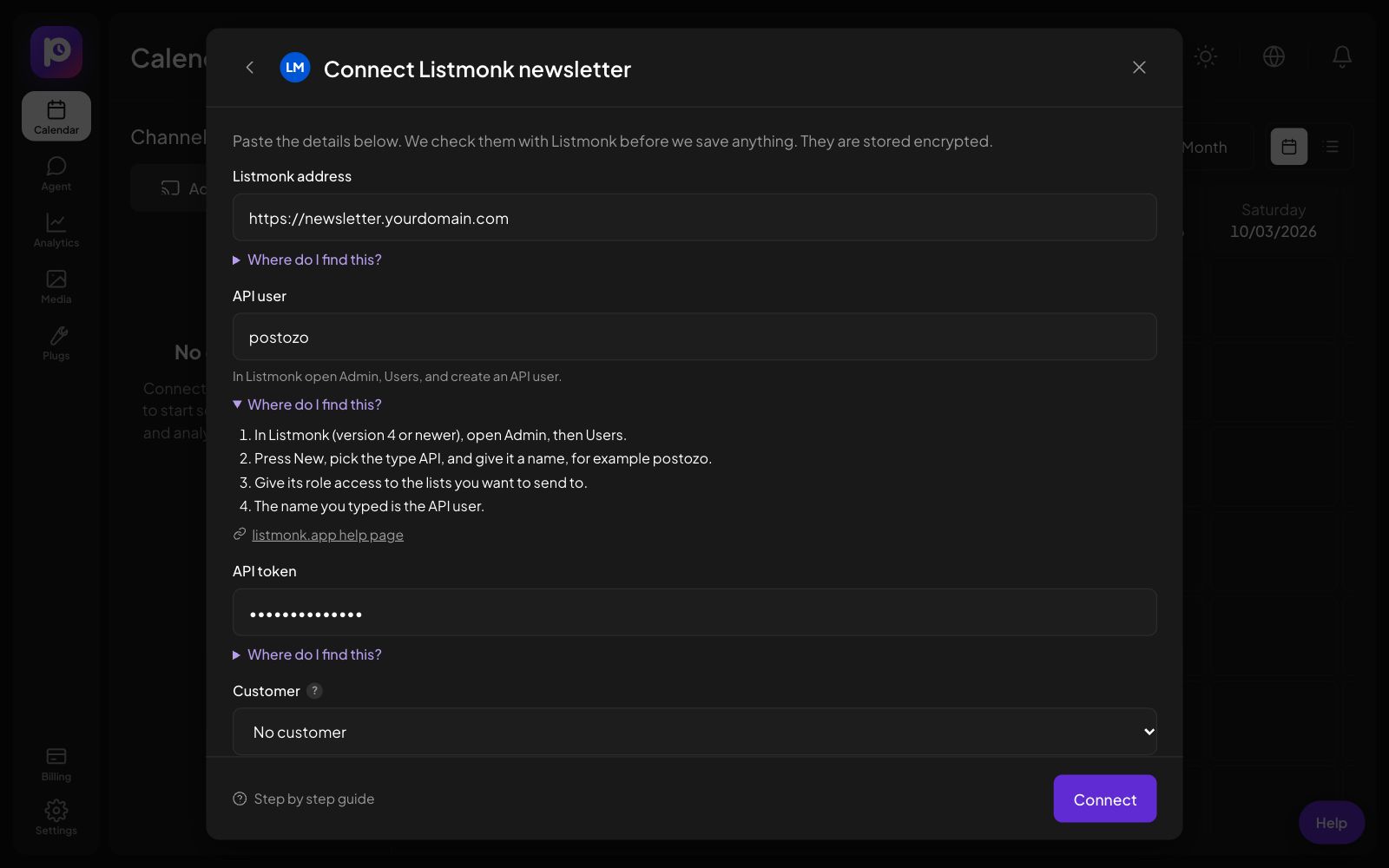 The Connect Listmonk form in Postozo with the help steps open