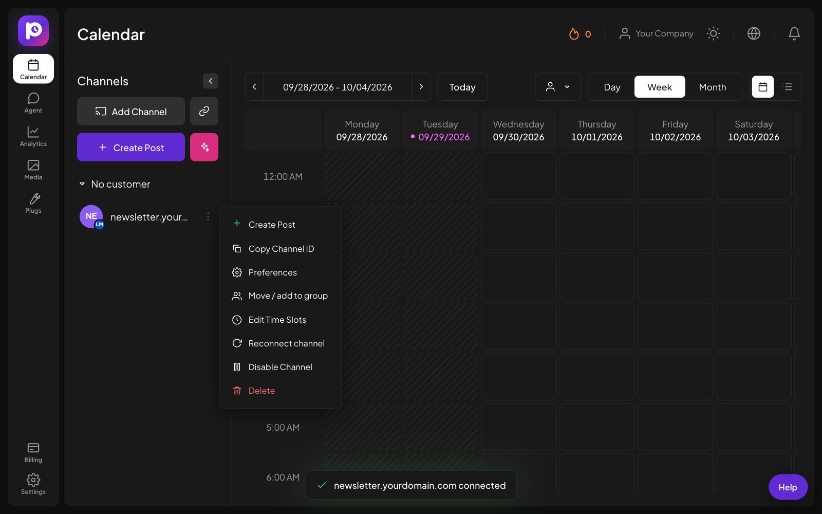 The channel menu for a Listmonk channel in Postozo