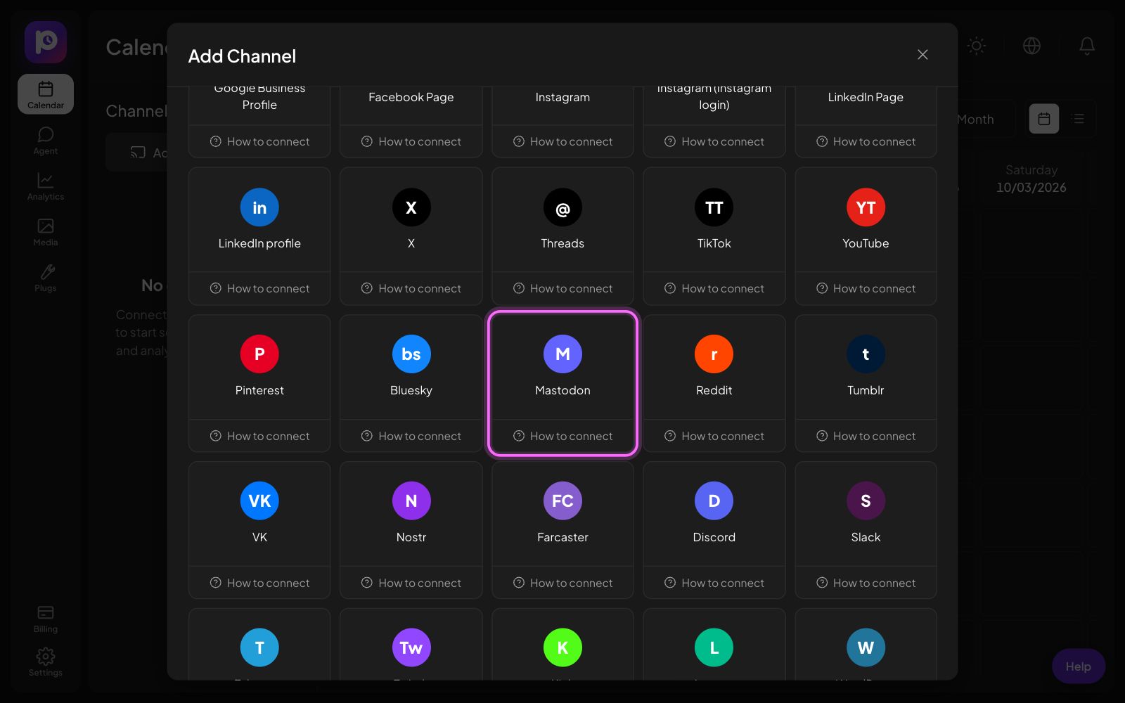 The Postozo Add Channel window with the Mastodon tile marked