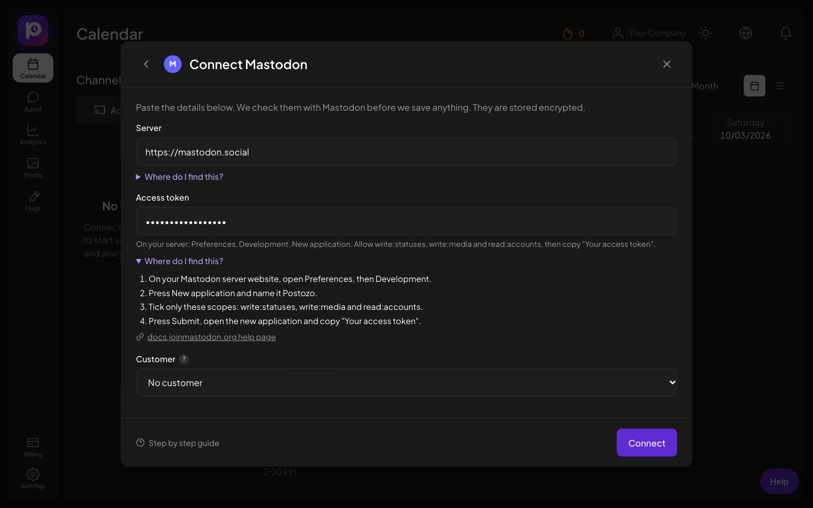 The Connect Mastodon form in Postozo with the help steps open