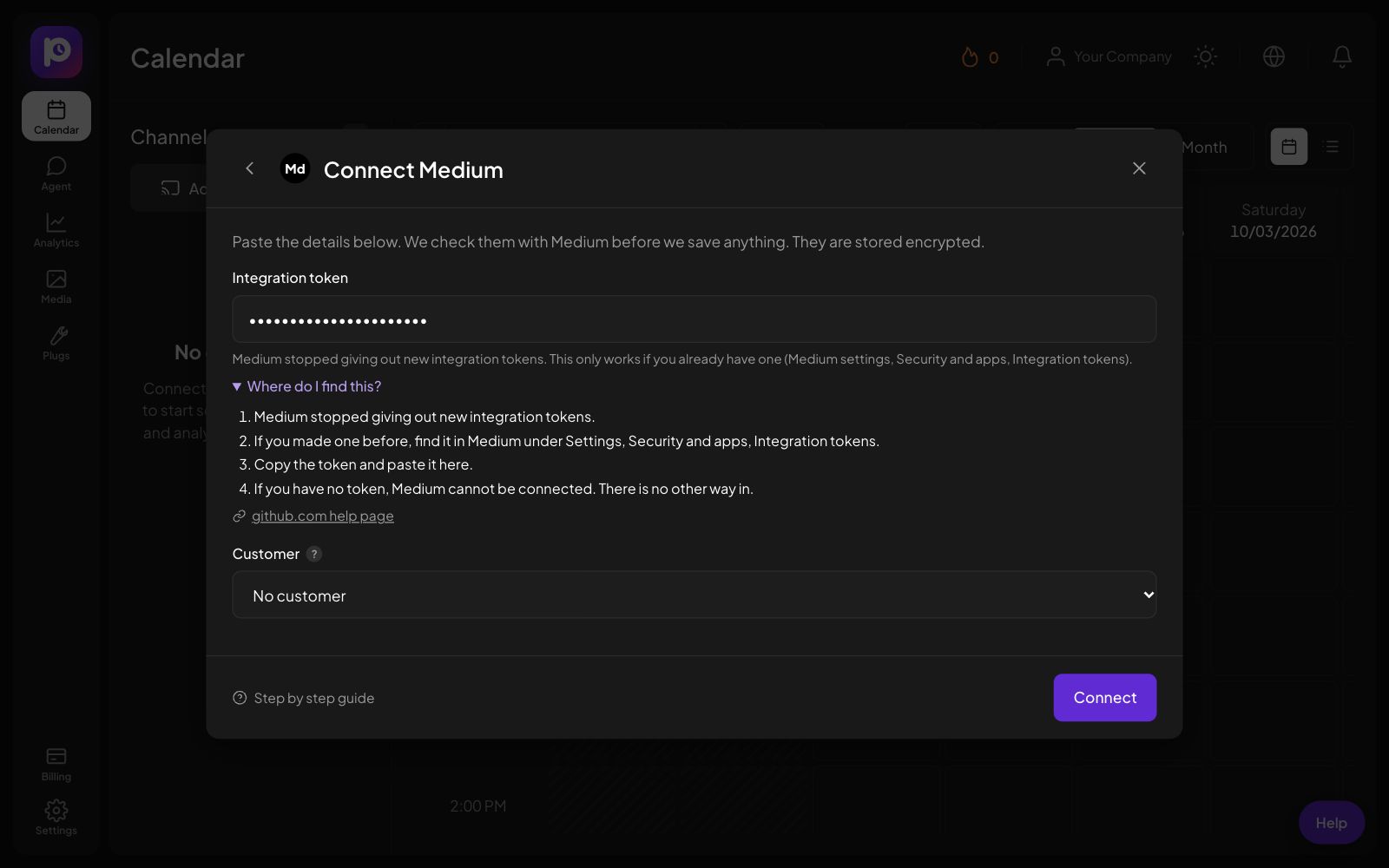 The Connect Medium form in Postozo with the help steps open