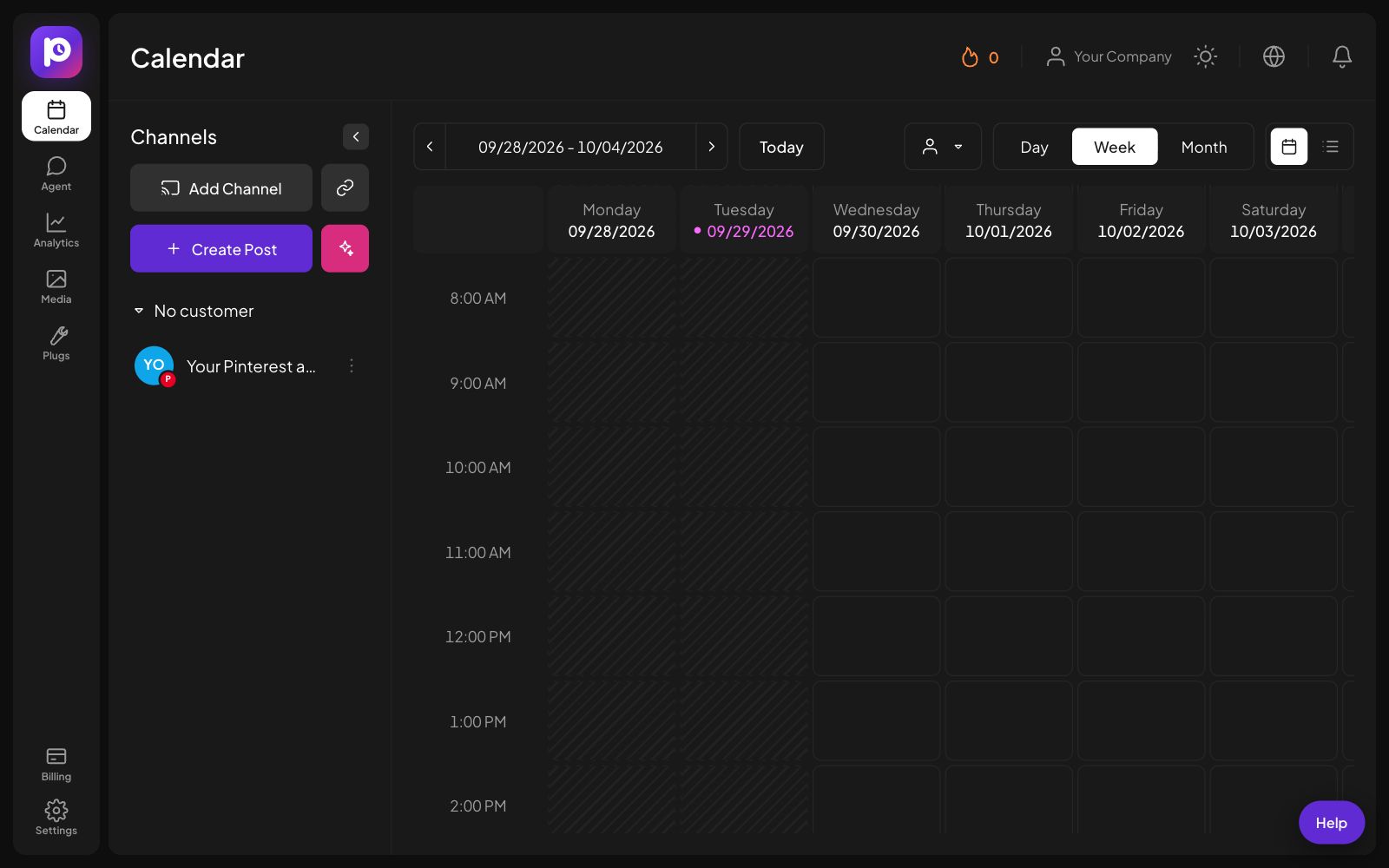 The Postozo Calendar with the new Pinterest channel in the channel list