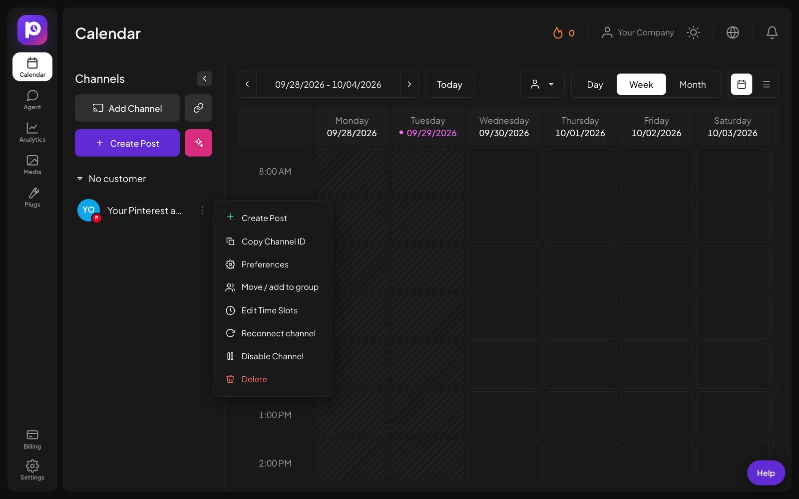 The channel menu for a Pinterest channel in Postozo