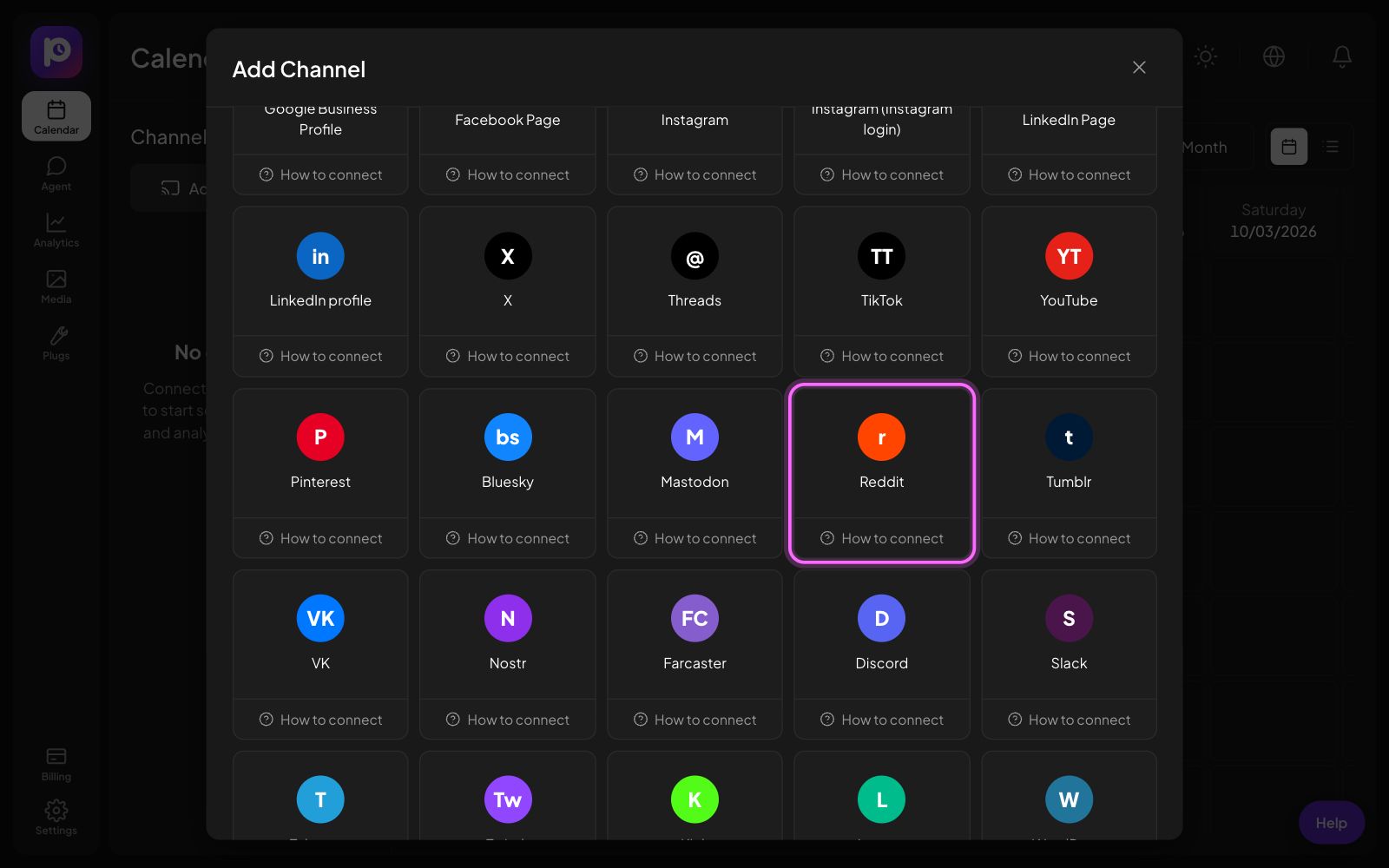The Postozo Add Channel window with the Reddit tile marked