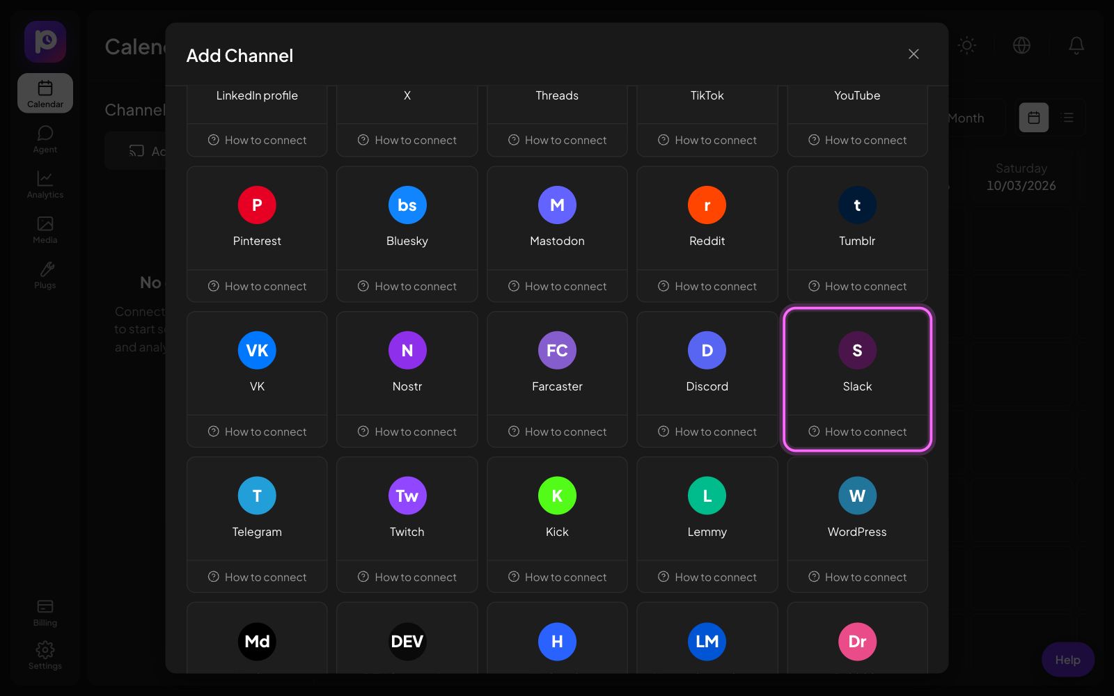 The Postozo Add Channel window with the Slack tile marked