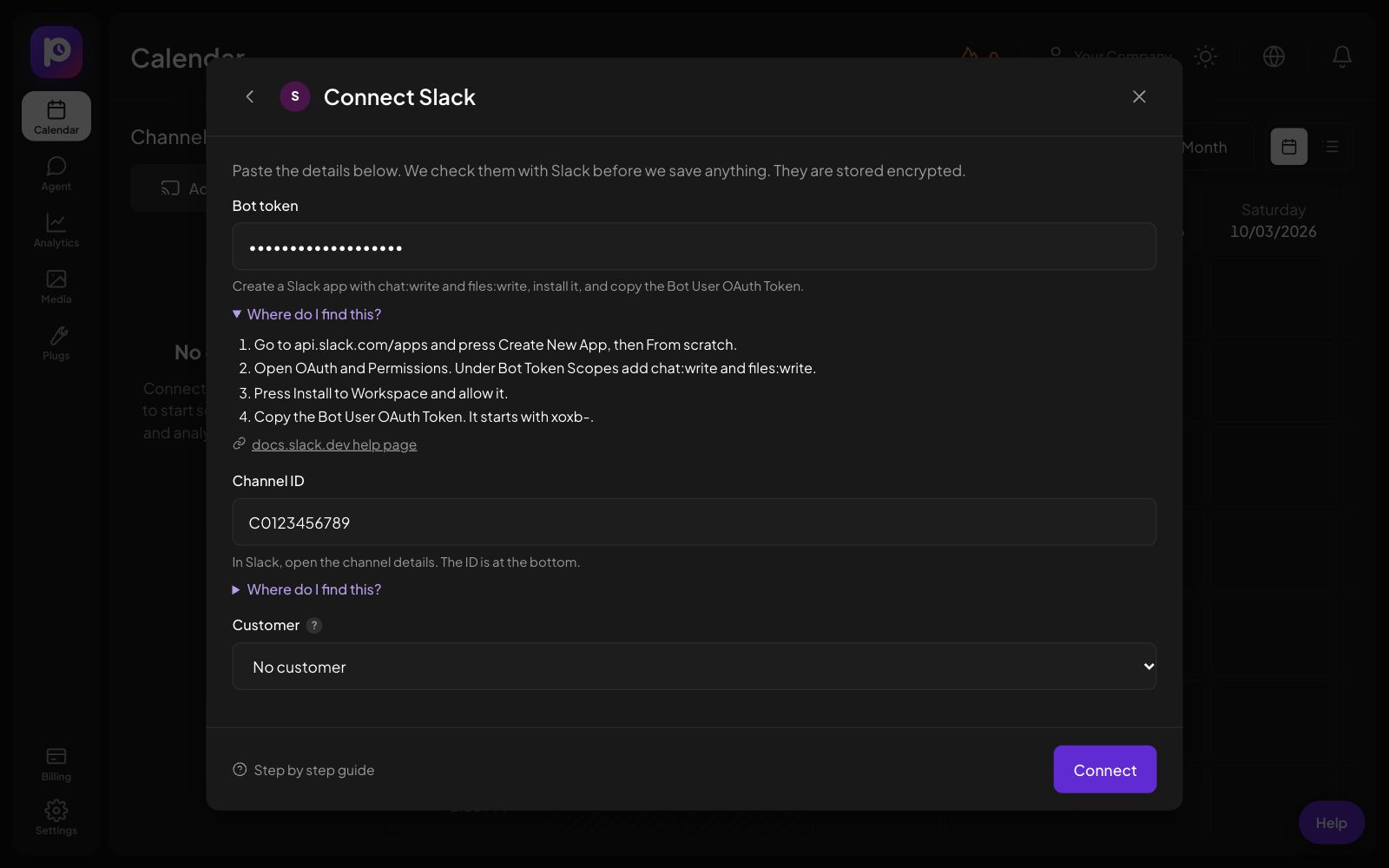 The Connect Slack form in Postozo with the help steps open