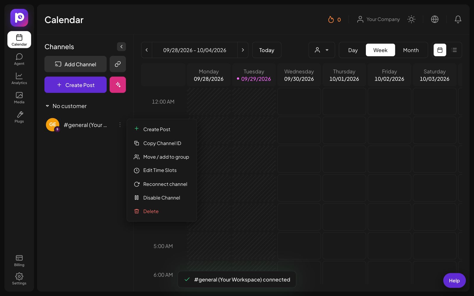 The channel menu for a Slack channel in Postozo