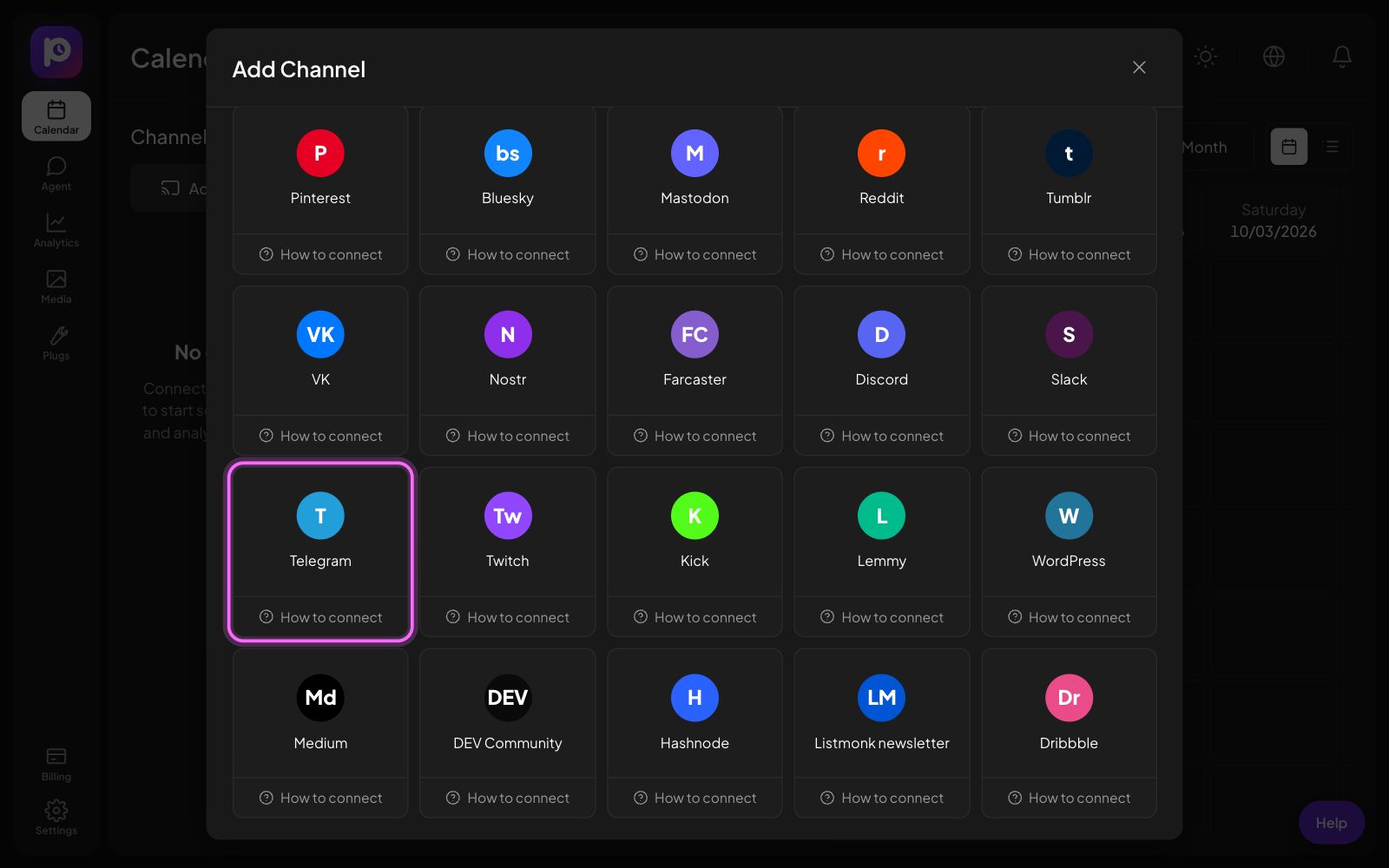 The Postozo Add Channel window with the Telegram tile marked