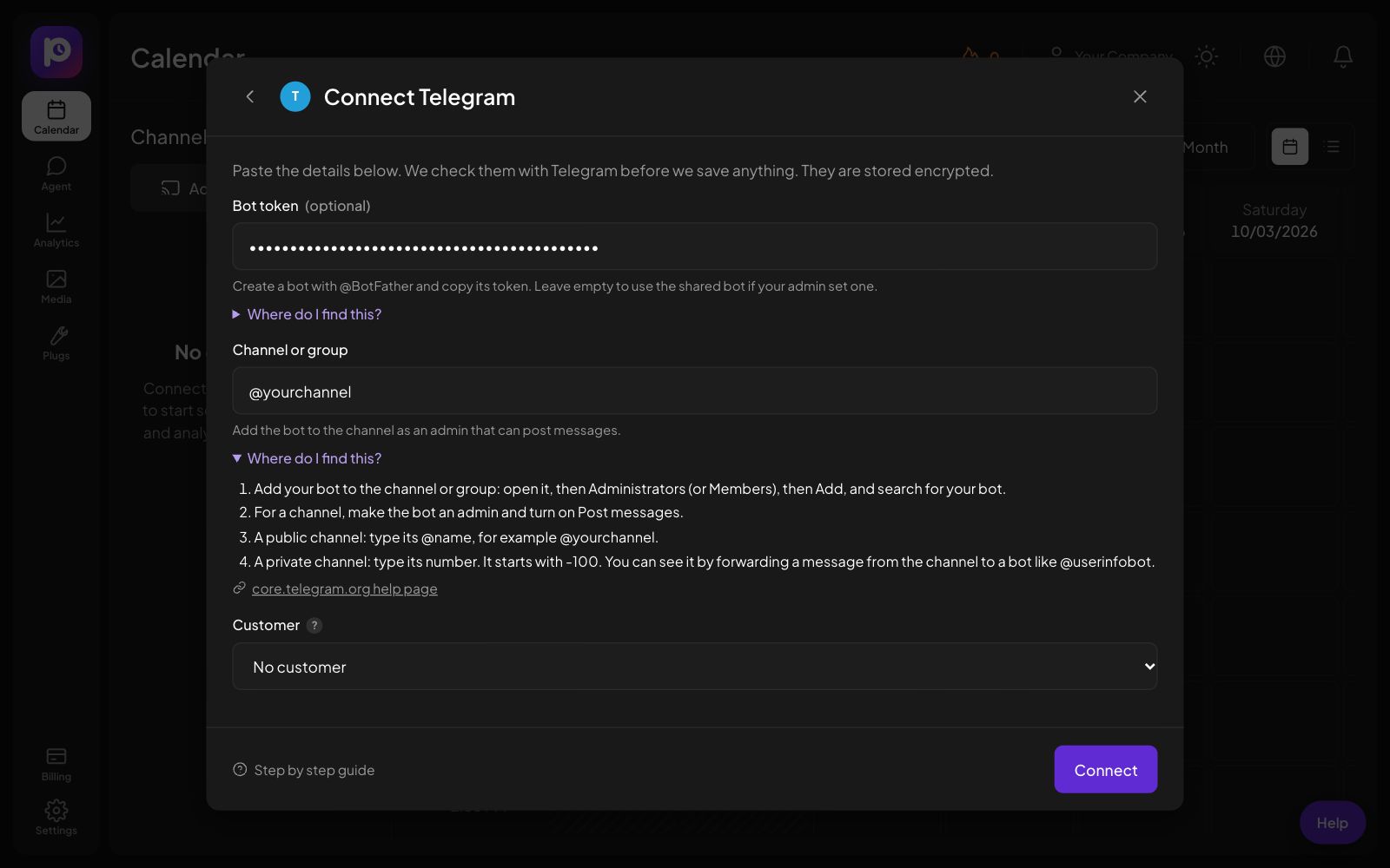 The Connect Telegram form in Postozo with the help steps open