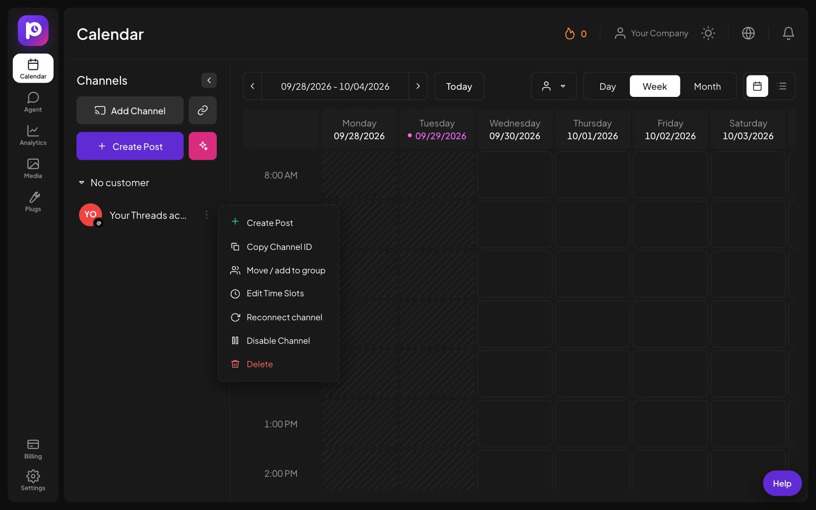 The channel menu for a Threads channel in Postozo
