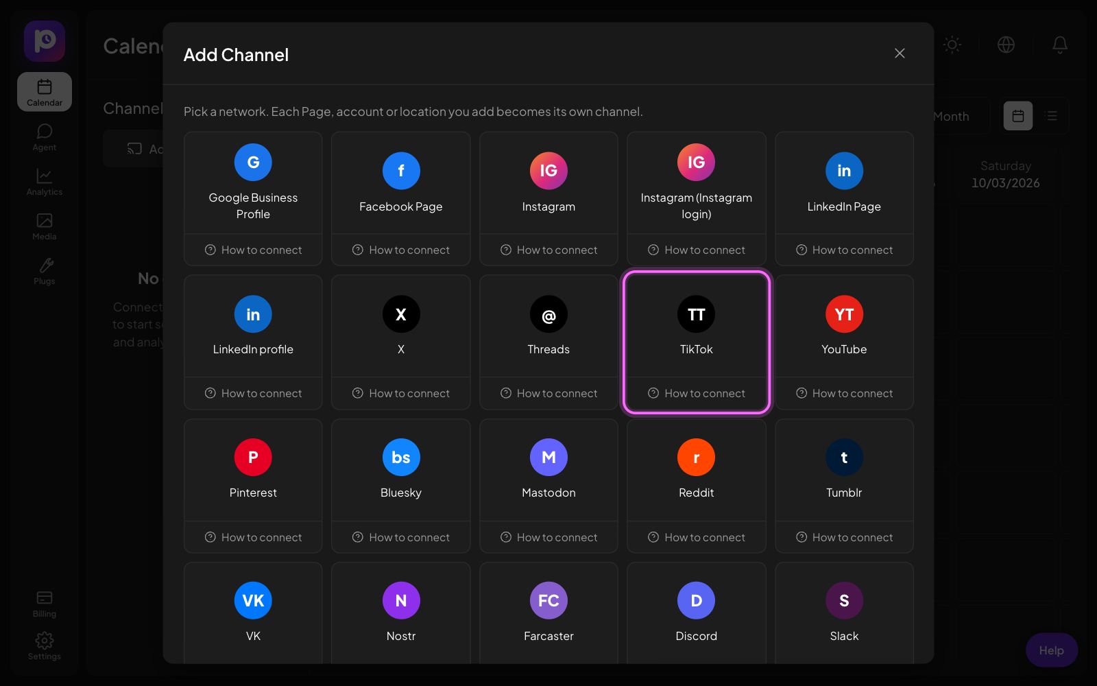The Postozo Add Channel window with the TikTok tile marked