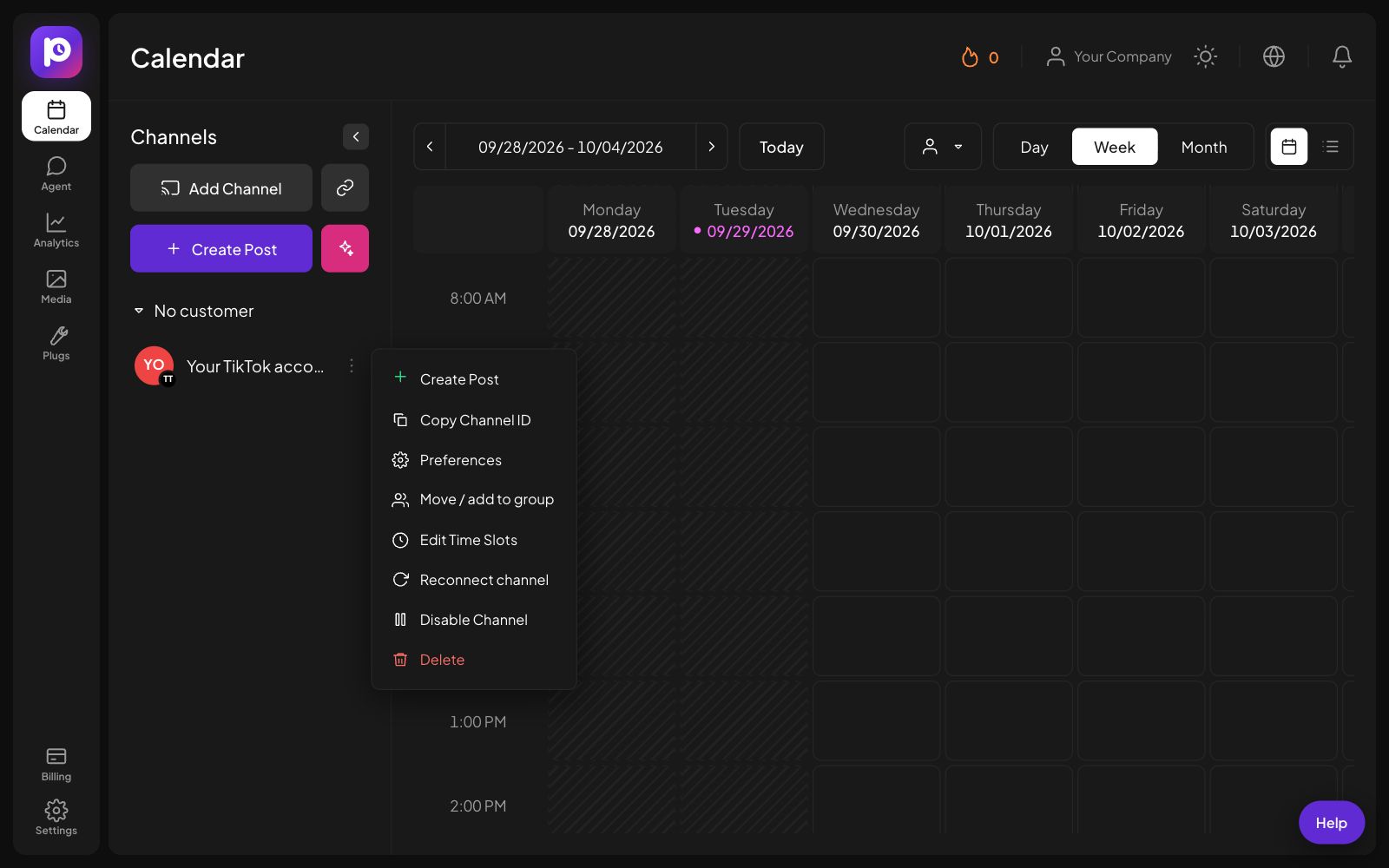 The channel menu for a TikTok channel in Postozo