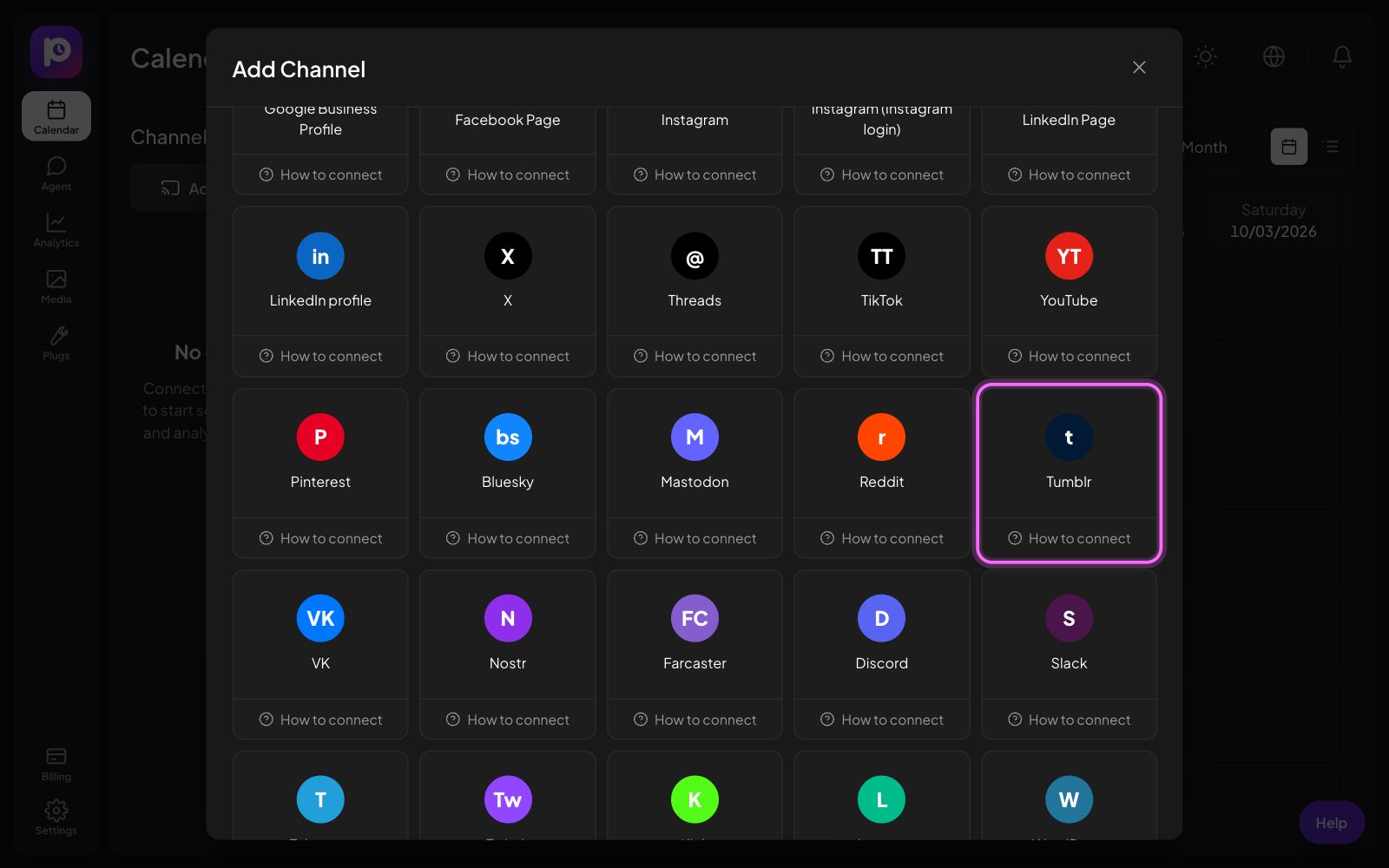 The Postozo Add Channel window with the Tumblr tile marked