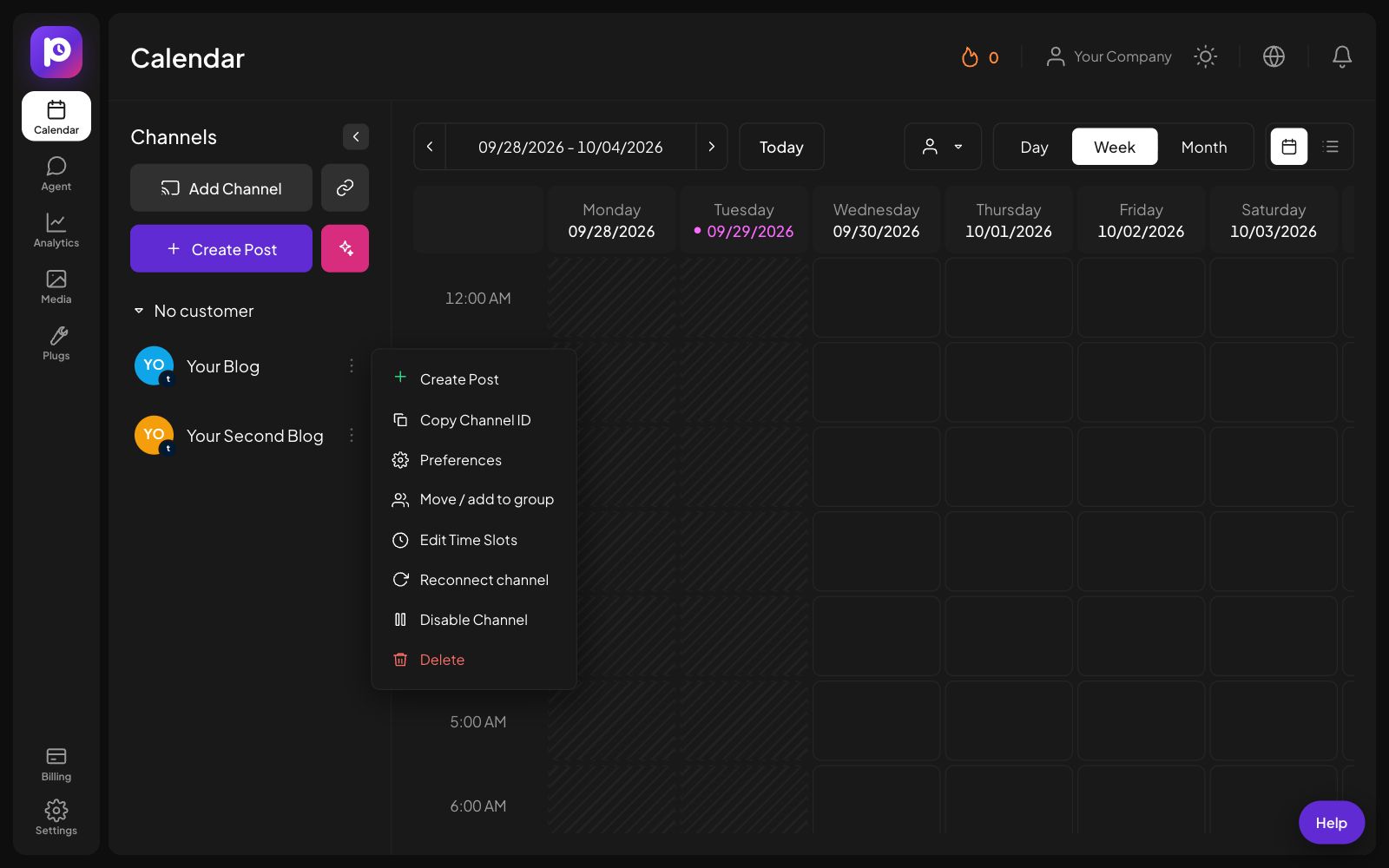 The channel menu for a Tumblr channel in Postozo