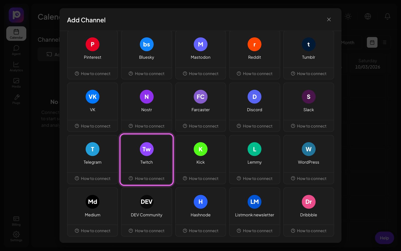 The Postozo Add Channel window with the Twitch tile marked