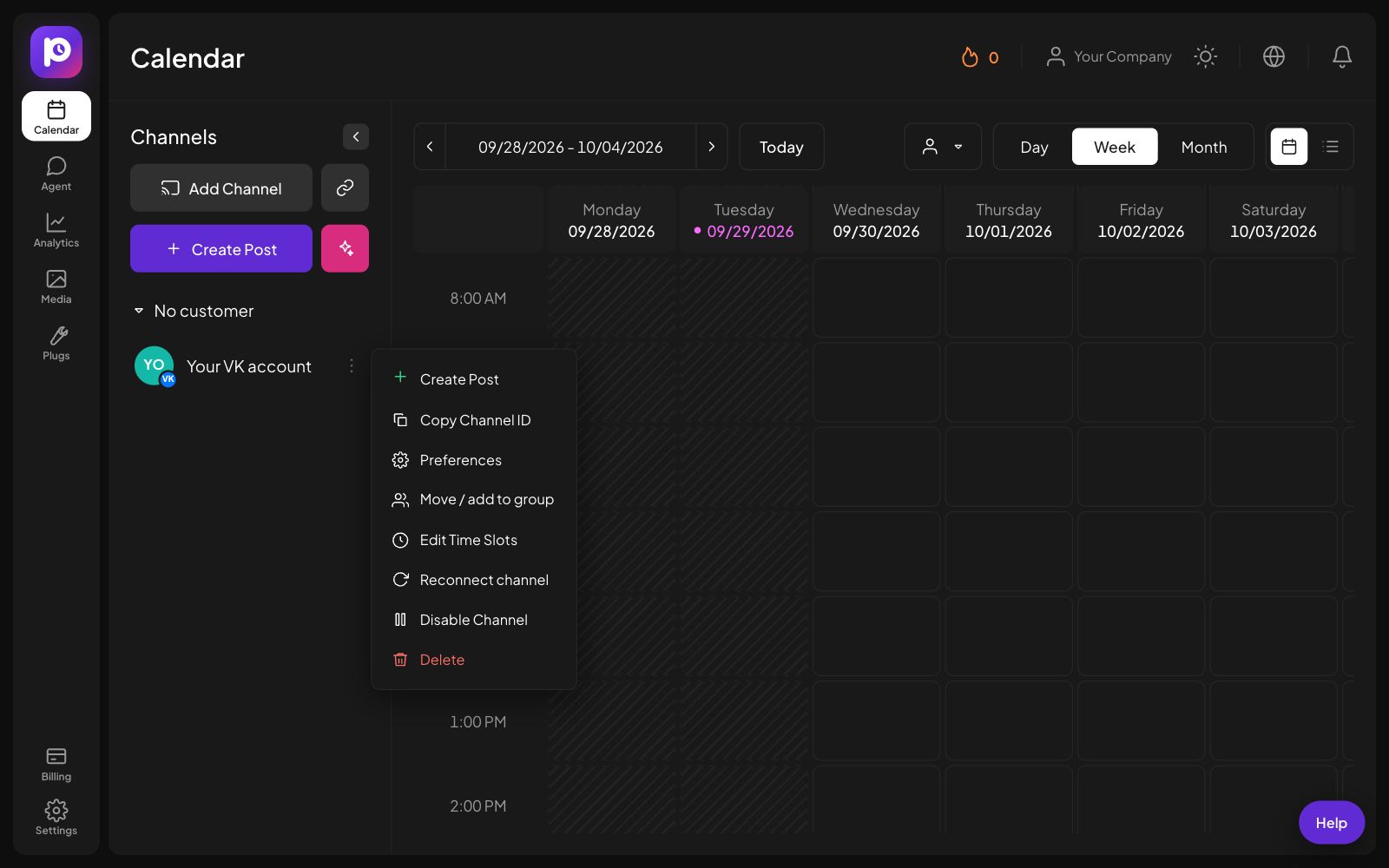 The channel menu for a VK channel in Postozo