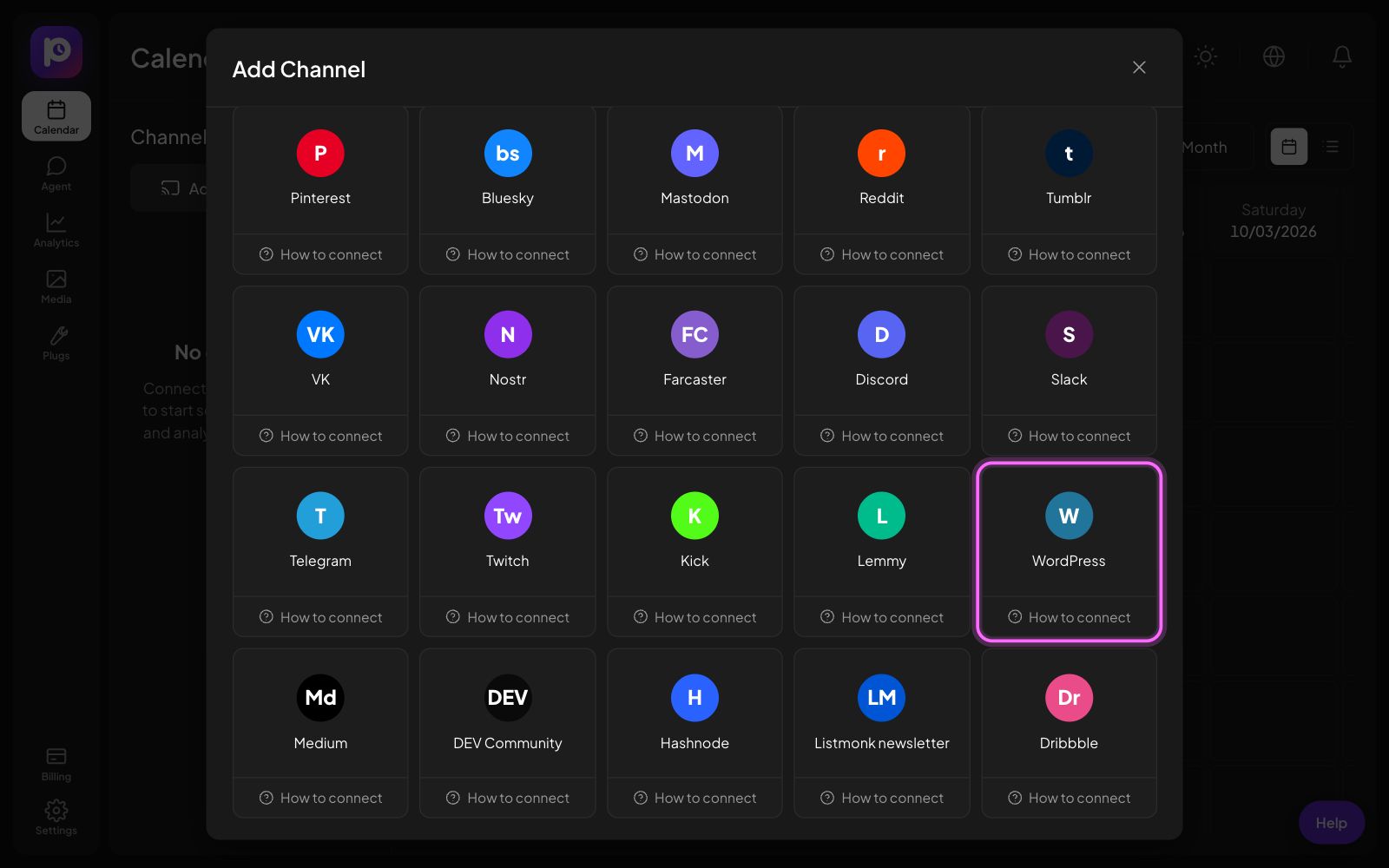 The Postozo Add Channel window with the WordPress tile marked