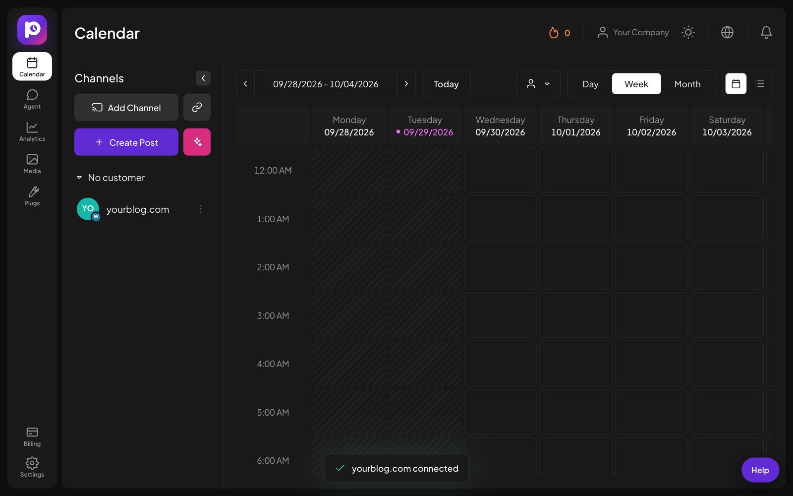The Postozo Calendar with the new WordPress channel in the channel list